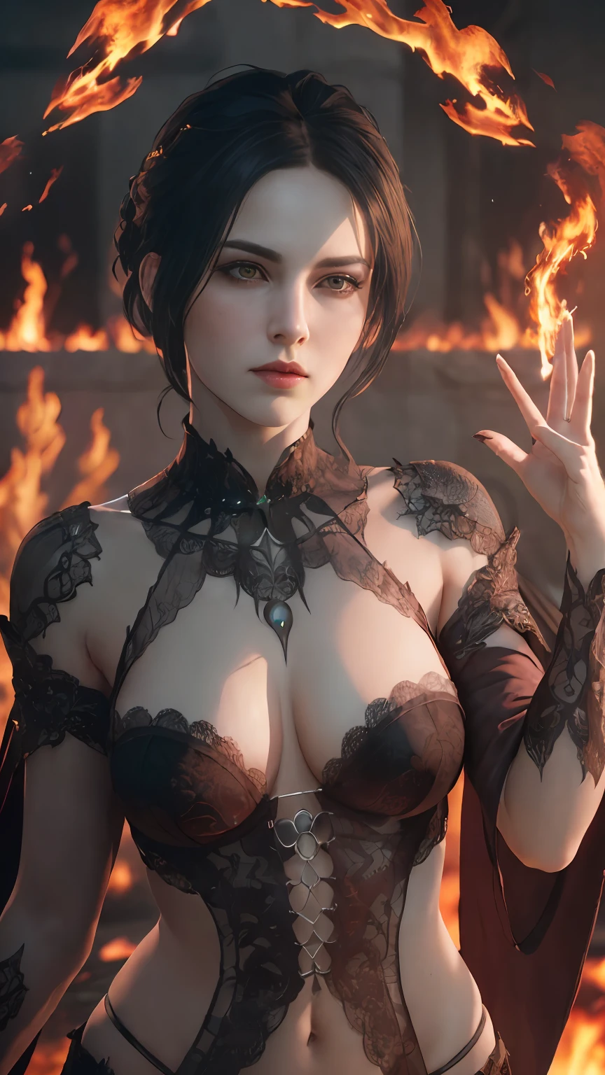 (Dark Fantasy:1.2), (Masterpiece, Epic Quality, Epic Realism, Ultra Resolution, 8K Photo Unity, Epic Detail: 1.1), witch, morrigan, dark hair, (((waiving a fire spell))), (Intricate Details, Dynamic Angle, Rim Lighting, Soft Lighting, (Professional Photography, Photorealism, Hyperrealism), Ray Tracing, HDR