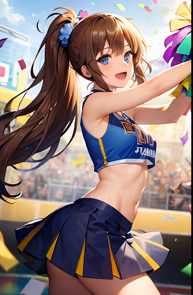 (masterpiece:1.5), illustration, 4k, 8k, (high quality:1.1), highly detailed, detailed face, HDR, vivid colors, natural lighting, pretty eyes, detailed eyes, colorful eyes, beautiful face, 1girl, long hair, messy hair, brown hair, twin braids, scrunchie, hair ornament, cheerleader, sleeveless, t-shirt, pom poms, cheering, standing on the side of a main road, spread arms, ((confetti)), smile, open mouth, establishing shot