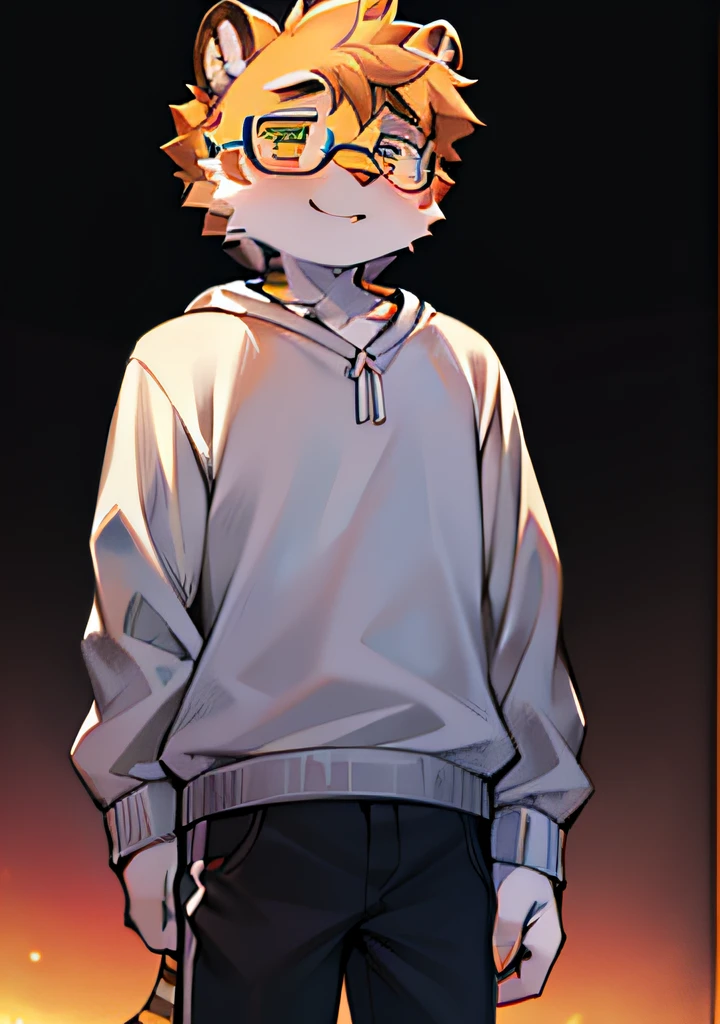 （Bright environment:0.8),eyes with brightness, Upper body, Character focus.(detailedbackground:0.7), adolable，furry men，Young age，The head is on the large side，shaggy male，Sunny and cheerful，wearing black rimmed glasses，White sweatshirt，tigre，（Long felines，Shota，Normal standing posture）Steady and secure，Fluffy