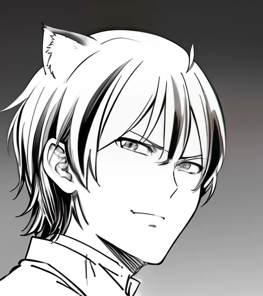 A black and white photo of a man with cat ears, seinen manga portrait, kentaro miura manga style, manga style of kentaro miura, kentaro miura manga art style, okita sougo, toru furuya, nobutaka ike, sidewayglance, roguish smirk