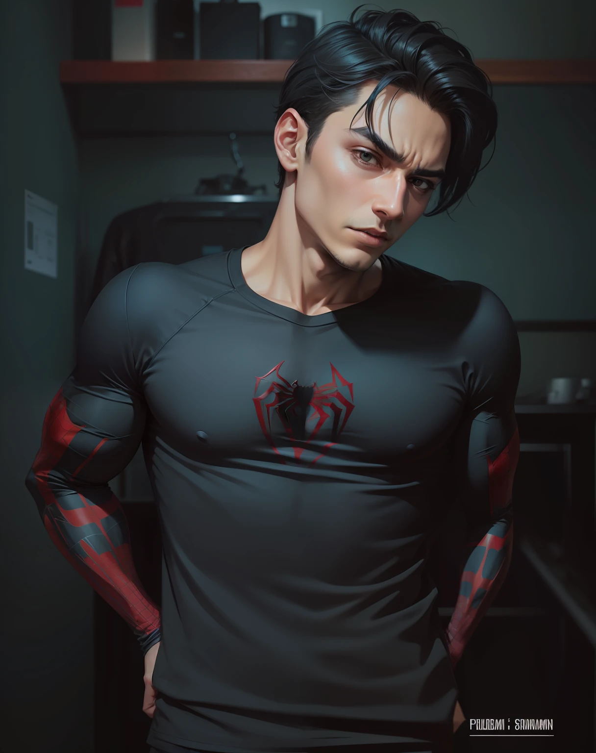 Change my black colour t shirt to spiderman suit.