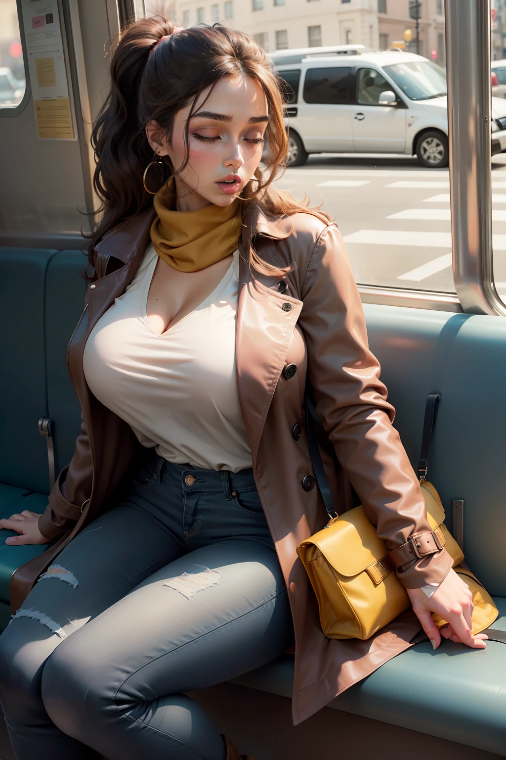 1 beautiful woman, large body, closed eyes, fair skin, brown wavy hair, ponytail, made up eyelids, eyelids outlined with make up, pink made up lips, black polo shirt with plunging neckline, light blue long jeans, mustard trench coat, boots tall and big brown, mustard scarf, large black handbag, asleep with her mouth open, asleep on the bus seat, nodding.