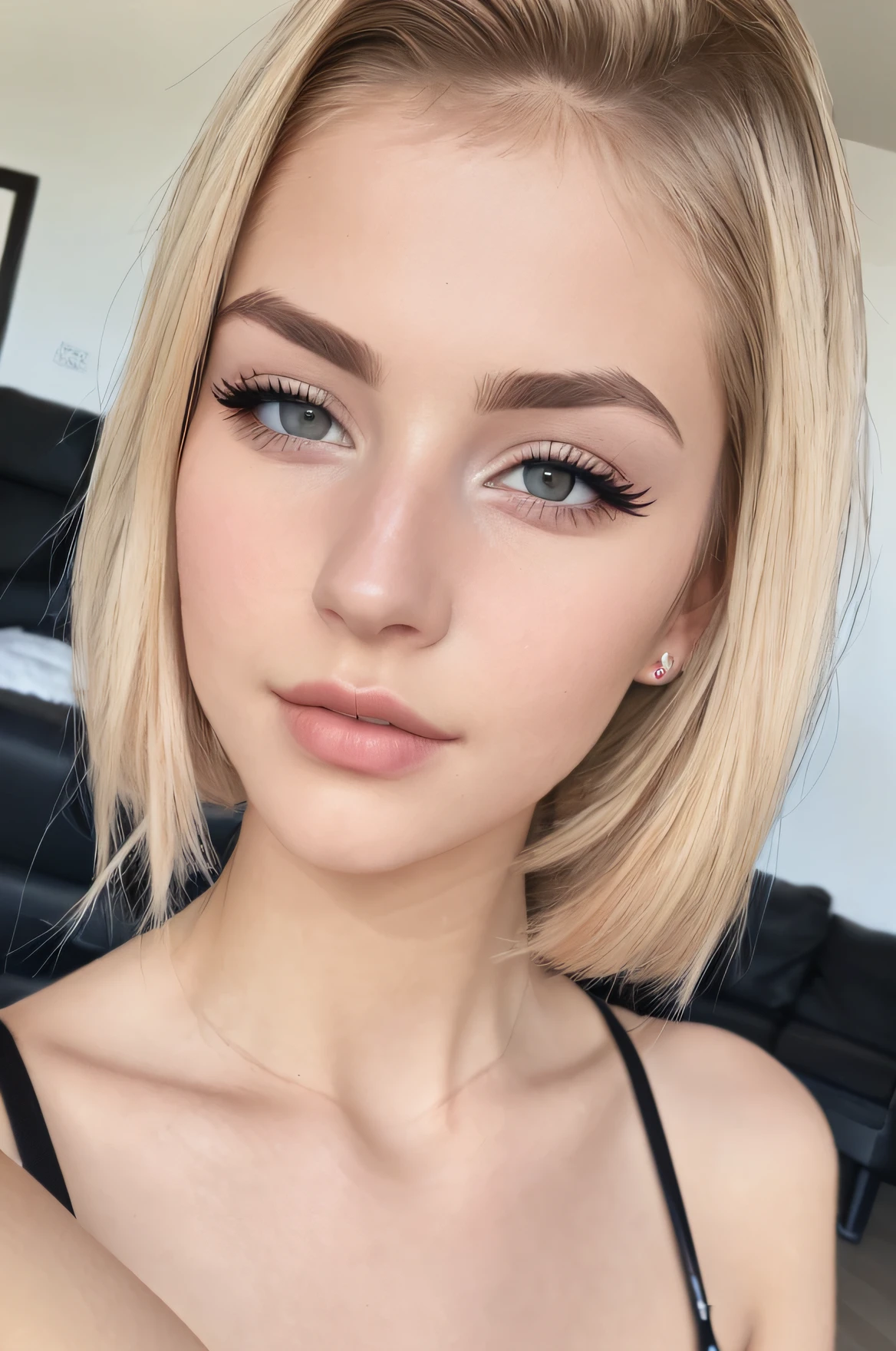 ((best quality)), ((ultra res)), ((photorealistic)), (intricate details), 19 years old, blonde hair, perfect face, make up:1.5, light on face, face detail, ?????, short hair,
