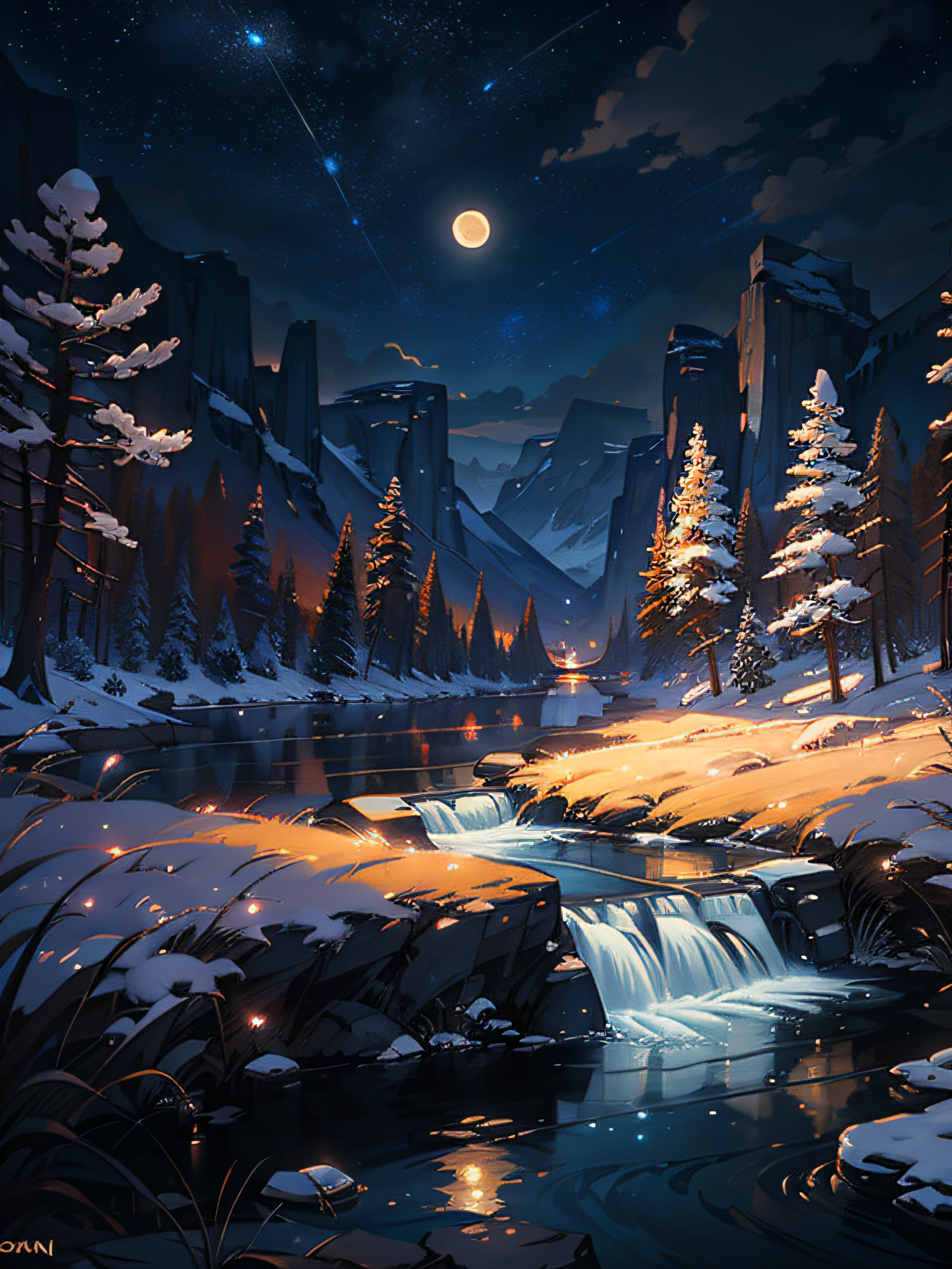 A painting of the river and the stars and the moon in the sky, with bright colors, by Makoto Shinkai. Concept art inspired by Tosa Mitsuoki, pixiv contest winner, best quality, fantasy art, beautiful anime scenes, golden moon, no humans, starry sky, scenery, cloud, sparkle, the scenery of night landscapes, mountain, rivers. A bright moon, starry sky environment under the moonlight, dream painting, anime background art, fantasy landscape art, dreamy night, anime background, background artwork, dreamy art, atmospheric anime, starry sky, details enhanced.