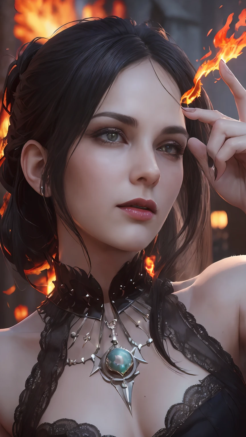 (Dark Fantasy:1.2), (Masterpiece, Epic Quality, Epic Realism, Ultra Resolution, 8K Photo Unity, Epic Detail: 1.1), witch, morrigan, dark hair, (((waiving a fire spell))), (Intricate Details, Dynamic Angle, Rim Lighting, Soft Lighting, (Professional Photography, Photorealism, Hyperrealism), Ray Tracing, HDR