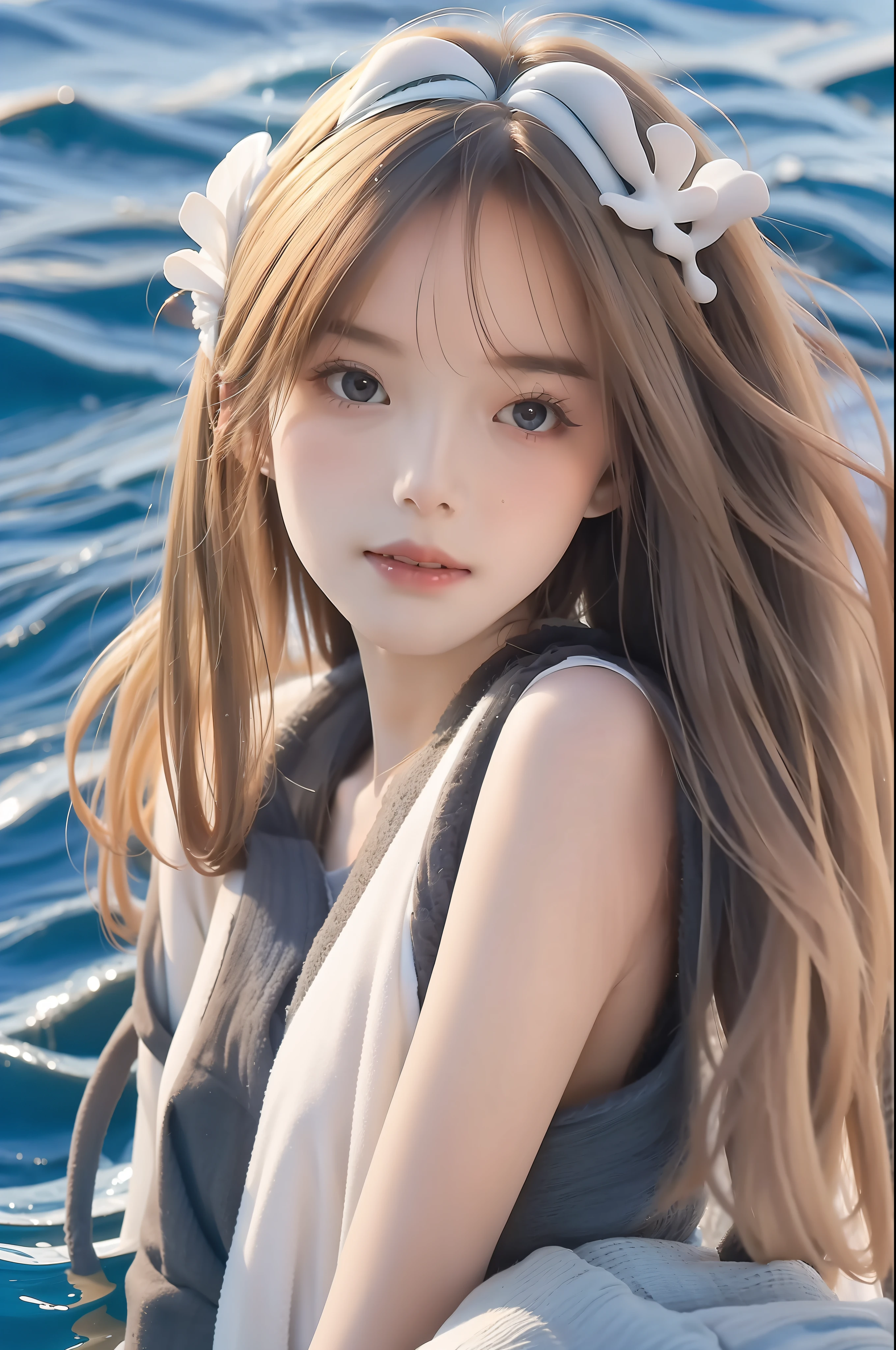 highest quality, masterpiece, every detail, solo, high_res,1 beautiful girl calm down in the sea, not looking at the viewer, white coral, seaweed, clownfish, pretty, milky beige hair, body standard, center, hair decoration, pretty face, light makeup, Tyndall effect, realistic photo, bright studio, realistic artistic lighting, perfect color, clarity, rear angle girl, under the sea, clear, detail, blue sea water, wet glossy body, (high detail skin: 1.2), 8k uhd, dslr, studio lighting, high quality, photo, resolution high resolution, 8k, bokeh effect.