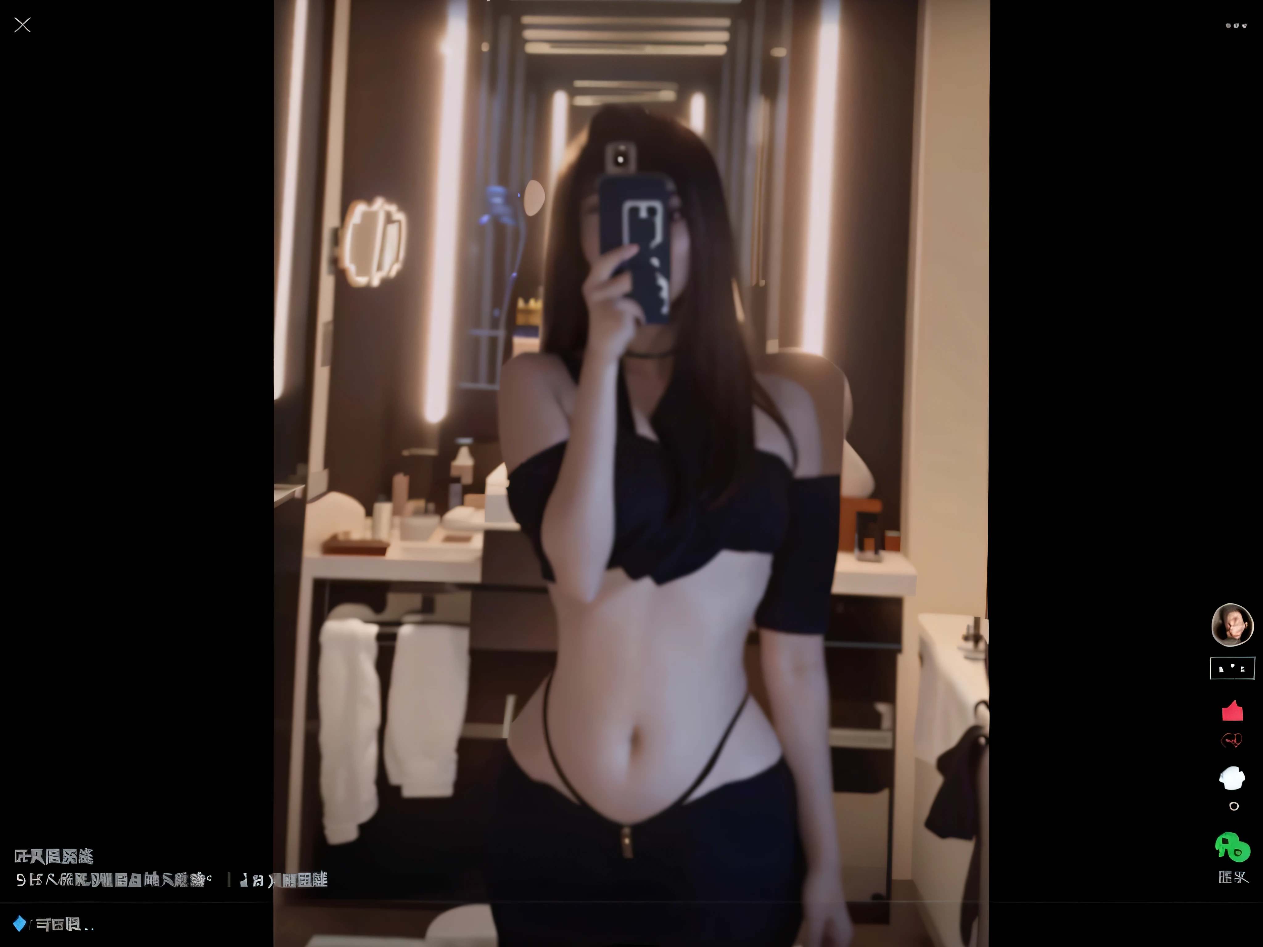 Arad woman in black top taking a selfie in the bathroom, Her navel was exposed, Sexy body, she has a jiggly fat round belly, Thin waist, Sexy look, gorgeous chinese models, thicc, she is about 30 years old, she is about 3 0 years old, Sexy hot body, Wang Chen