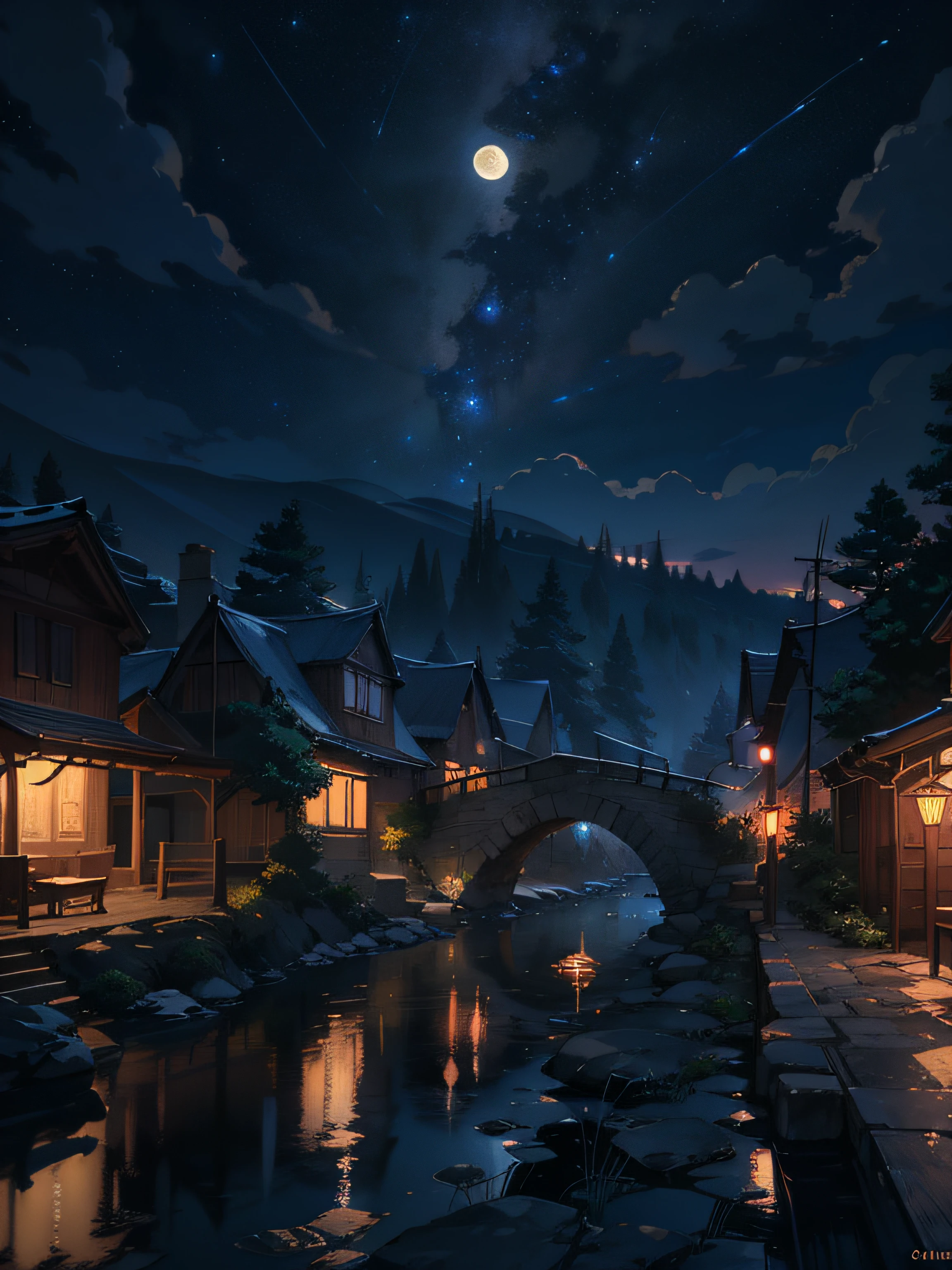 A painting of the river and the stars and the moon in the sky, with bright colors, by Makoto Shinkai. Concept art inspired by Tosa Mitsuoki, pixiv contest winner, best quality, fantasy art, beautiful anime scenes, golden moon, no humans, starry sky, scenery, cloud, sparkle, the scenery of night landscapes, mountain, rivers.  A bright moon, starry sky environment under the moonlight, dream painting, anime background art, fantasy landscape art, dreamy night, anime background, background artwork, dreamy art, atmospheric anime, starry sky, details enhanced.