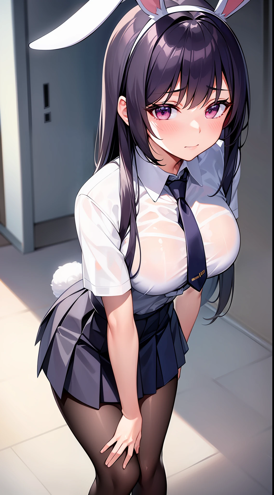 School uniform, white shirt, pantyhose, pleated skirt, tie, rabbit ears, Mai sauce, faint smile, mid_breats, best quality, behind arms, leaning forward