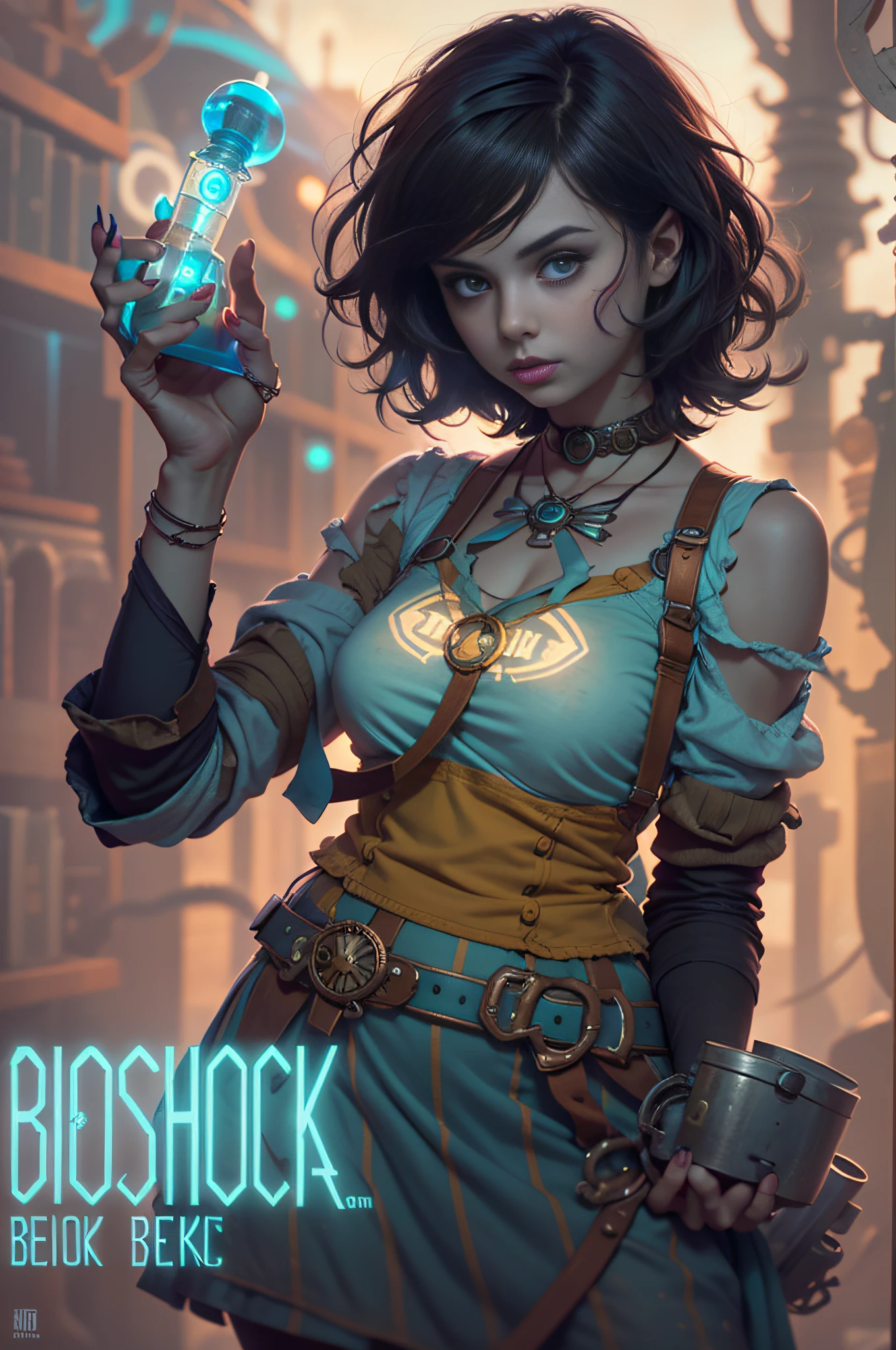 Bioshock style. 16 years old curvy girl with a glowing bright blue injection in her left arm.