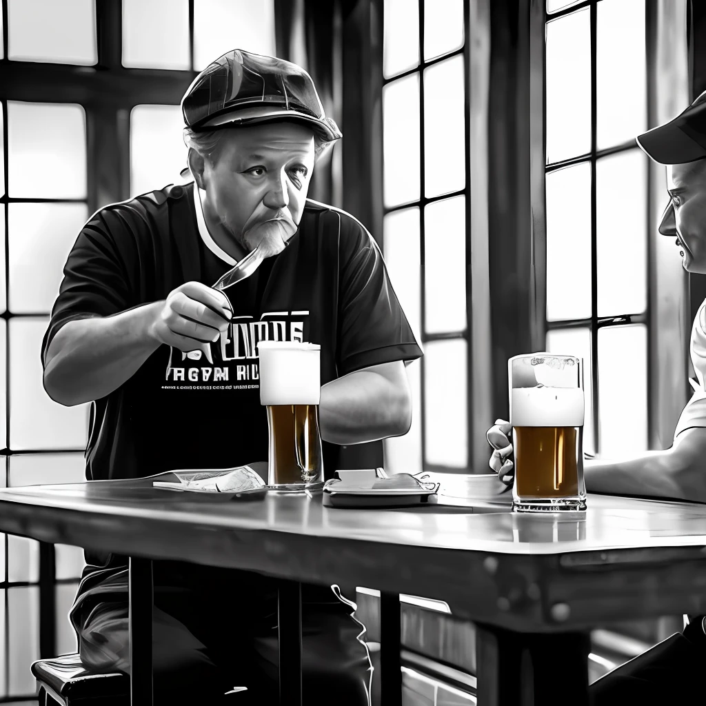 (masterpiece),(best quality),extremely detailed CG unity 8k wallpaper,depth of field,huge filesize,ultra-detailed,extremely_detailed_eyes_and_face,cinematic lighting,best illustration,((beer advert)),(two workers:1.5), rough skin,((drinking beer),) ,age 50,coal dust,steam engine,hyper realistic,Photograph,worker,working class pub, black eye,((black-white)),full body,