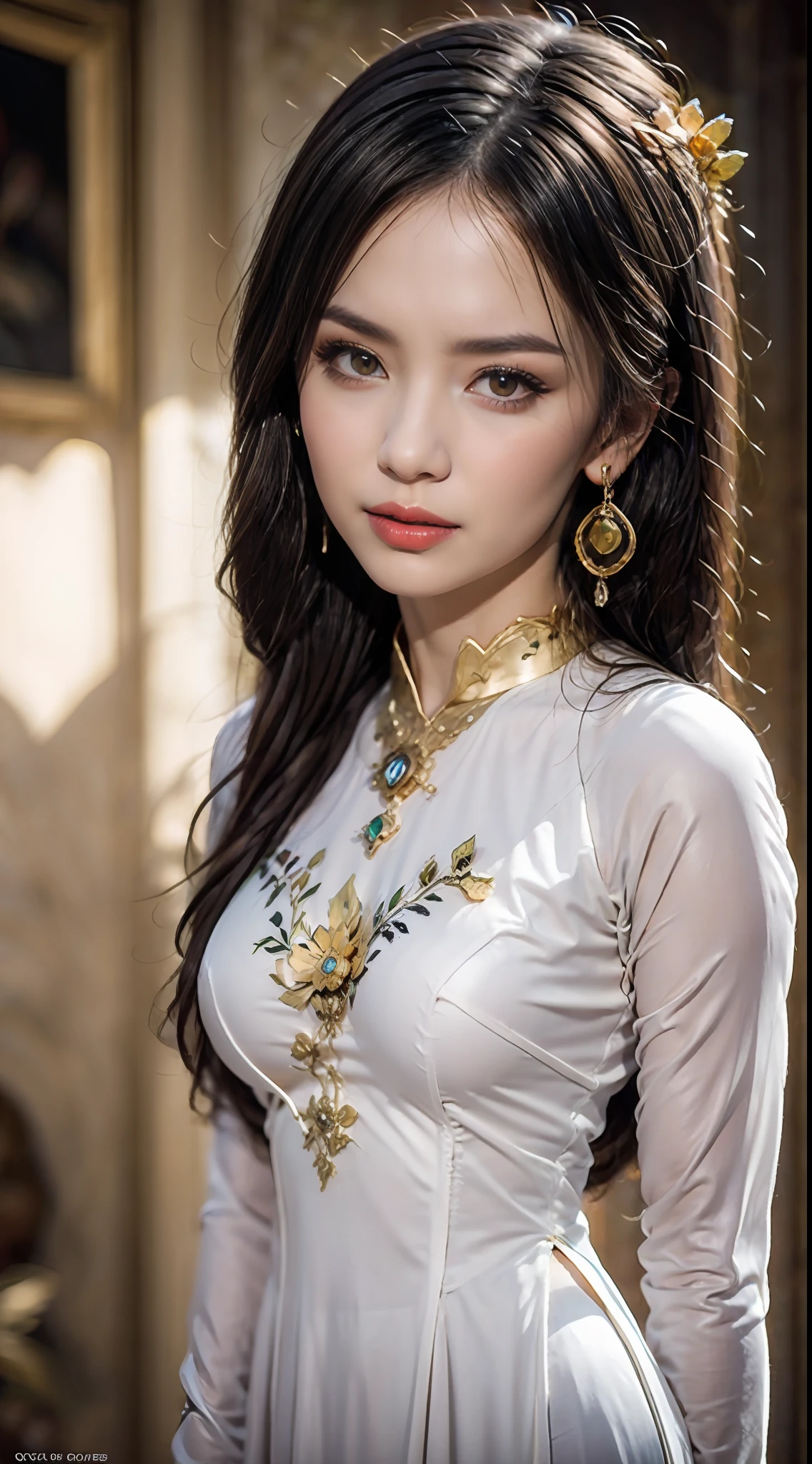 Portrait of a young 20-year-old saint, a saint with a beautiful and super cute face,Wearing a thin red dress with gold edging and glittering and sexy, Ao dai is studded with small sparkling pearls, beautiful cute face, Chinese cute doll, Ao dai with a deep slit in the chest and attractive black and white lace trim, beautiful face without blemishes, shut up, ((long hair seven colors rainbow:1.2)), big crown, hair brooch, hanfu dress, chinese ancient style, Neck and hand necklaces, small earrings, hair jewelry, hair brooches, ao dai with many meticulous motifs, forehead tattoo, The female saint's breasts are round and very full, breast augmentation, innocent face, The most beautiful and detailed light red lipstick, ((Thin plump lips:0.3)), ((Golden eyes:1.2)), The eyes are delicately decorated,(white and detailed) cinematic, light and dark, dramatic lighting, magical light, extremely detailed light, true color, super sharp, realistic, 8k quality, fantasy universe background, saints and magical space, the most detailed images, Solo, a saintess, ((looking directly at the saint's upper body:0.4)), ((smooth skin:0.5)), Extremely detailed pixels, super true, extremely detailed and complex graphics, the highest resolution, close-up portrait,