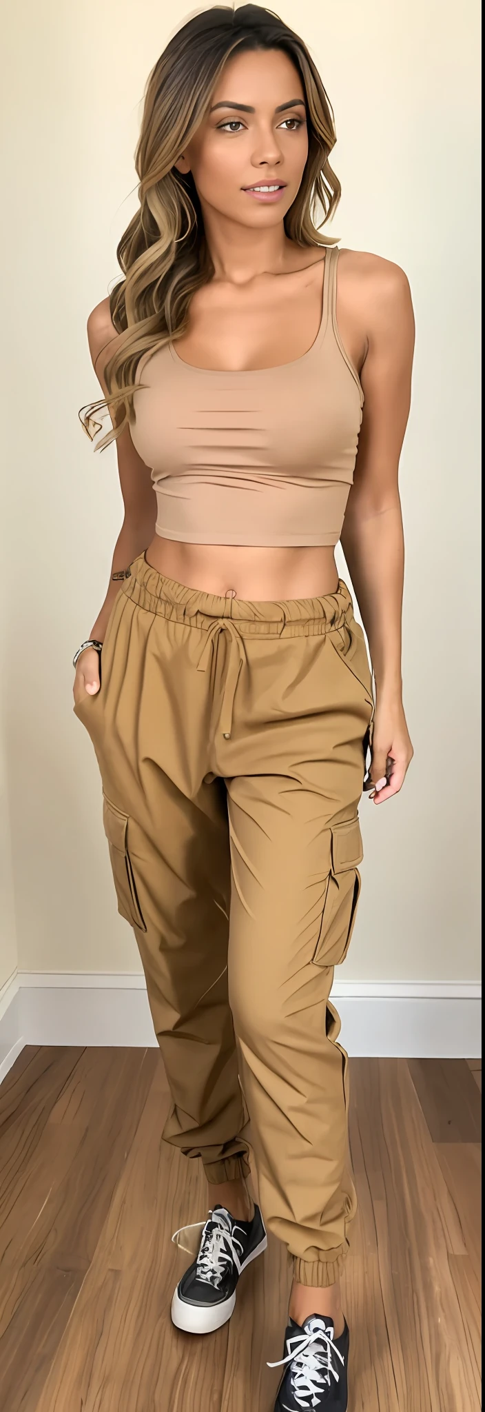 A gorgeous woman in a tan top and pants posing for a photo, brown pants, military pants, cargo pants, wearing cargo pants, com dois bolsos frontais, low-waisted sweatpants, streetwear casual bonito |, with his hands in his pockets, cintura fina, army, Hands in pockets, ❤🔥🍄🌪, cintura fina, cores bege, Pants, Directed by: Lee Jeffreis