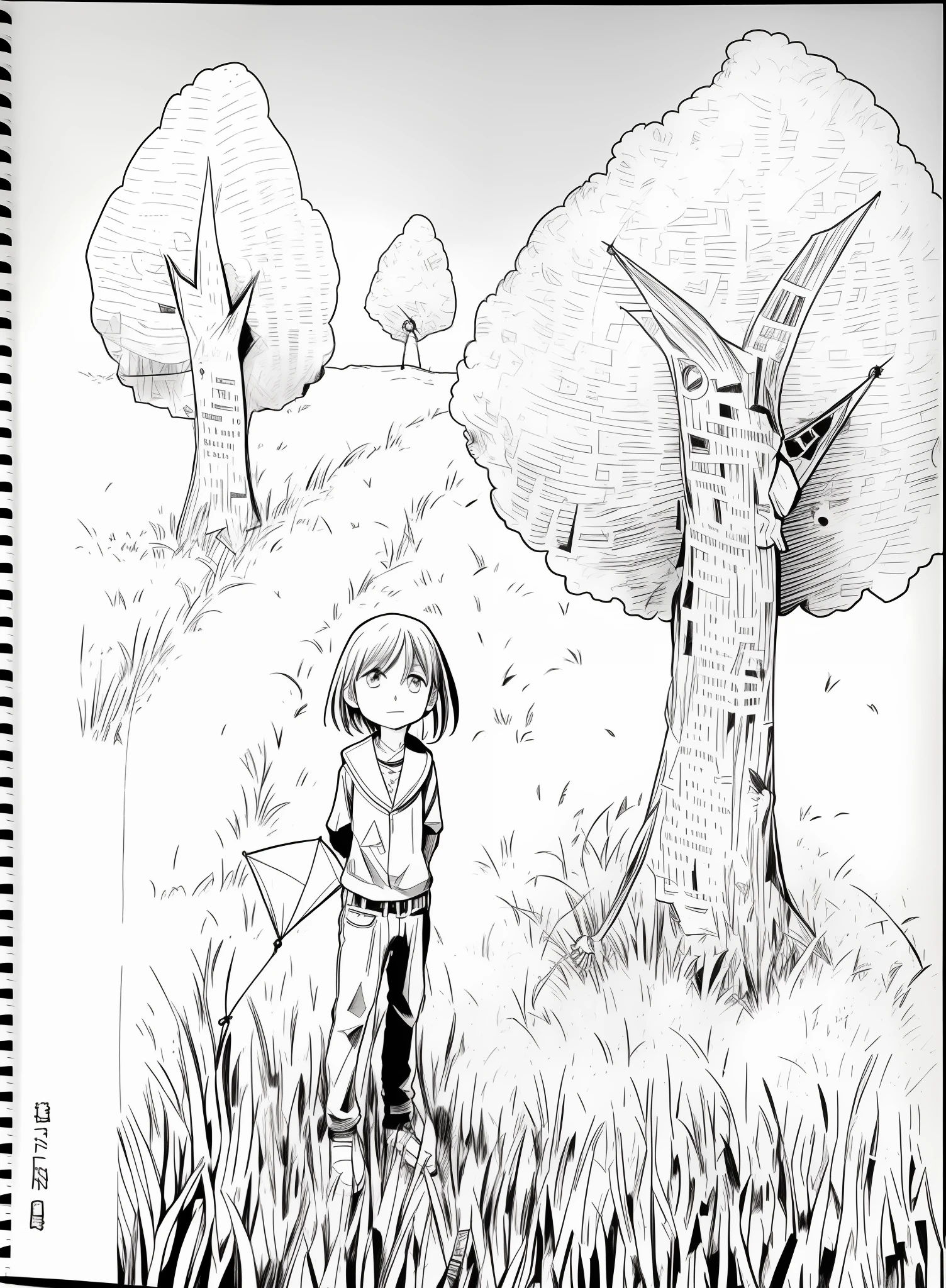 Draw a boy standing in a field holding a kite, pencil and ink manga, black and white manga page, black and white manga panel, pencil and ink manga drawing, comic page, black and white manga style, comic drawing, ink manga drawing, Manhwa Style, Black and white comics, punpun onodera, Manhwa Style