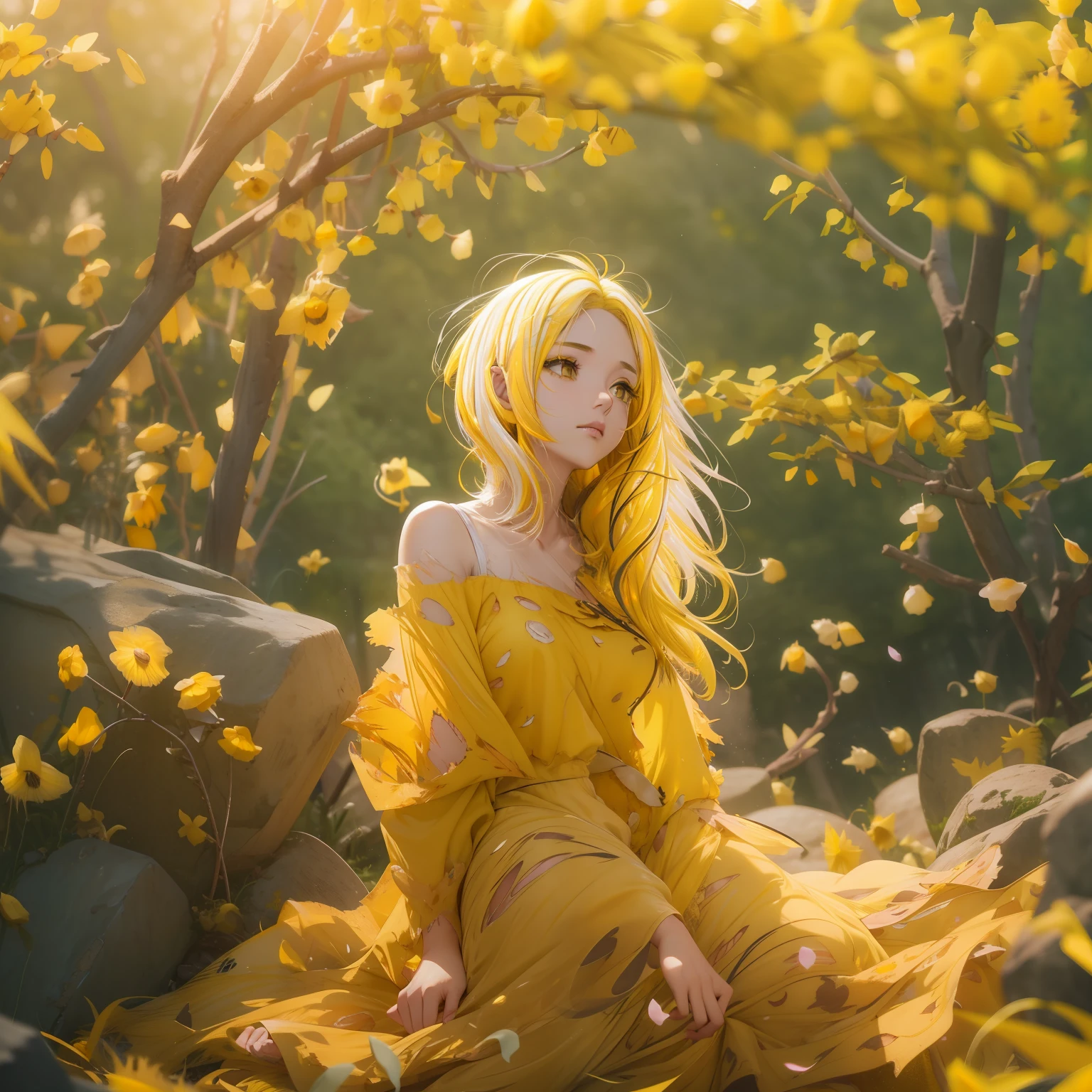 top-quality、Photorealsitic、8K、hight resolution、1girl in、femele、(Skindentation)、(large full breasts)、(profetional lighting、bokeh dof)、(on a hill)、(flower petals、many:0.6)、Sad face、fansty world(natta:1.2)、(Yellow hair:2.0)、(Torn blouse:1.5)、(Portate:0.6)、tatteredclothing、Damaged clothing、a gorgeous、Clothes torn、bloom、(Floating hair)、(light particules、lensflare、Luminous particles:0.6)、(dynamicposes:1.2)、softlighting、