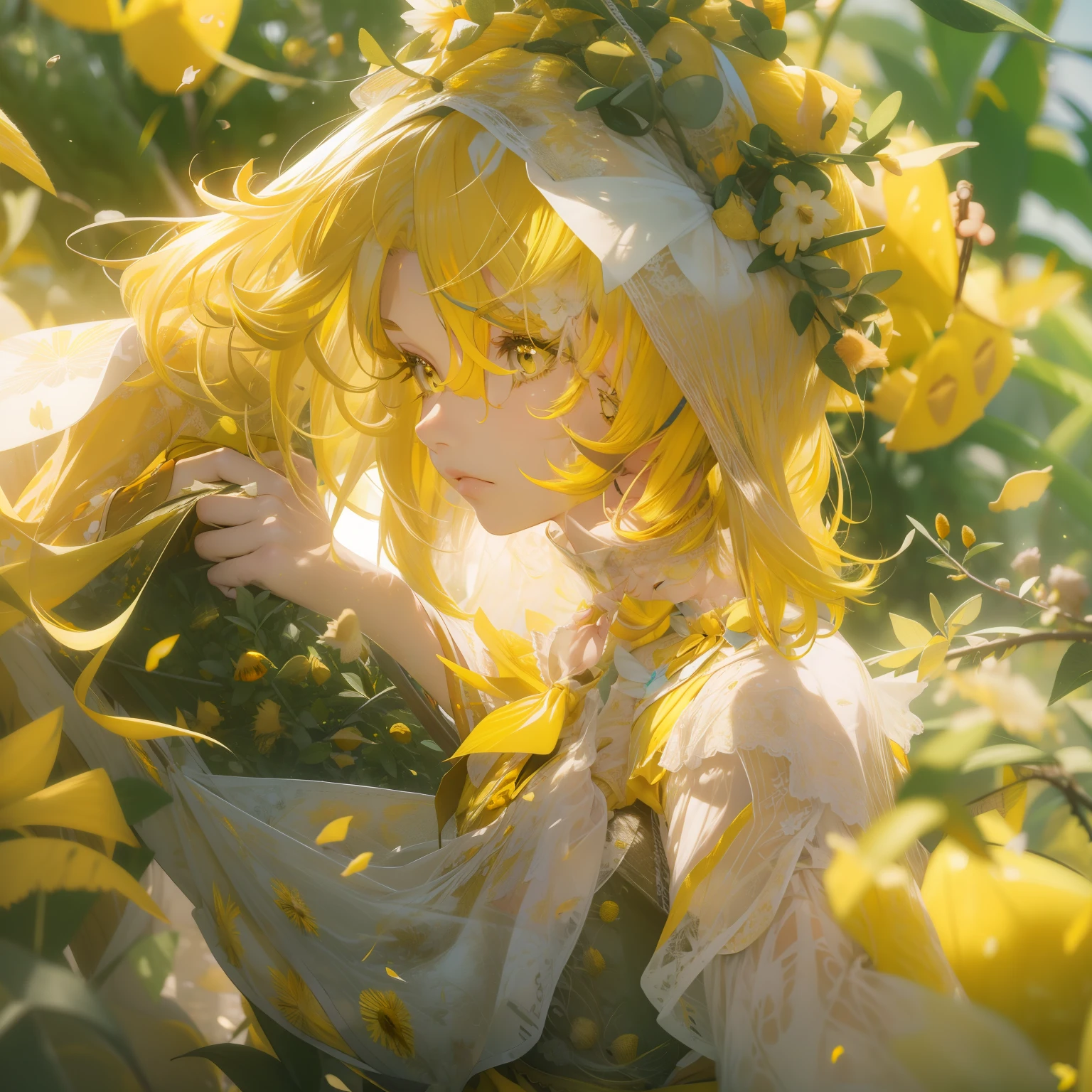 top-quality、Photorealsitic、8K、hight resolution、1girl in、femele、(Skindentation)、(large full breasts)、(profetional lighting、bokeh dof)、(on a hill)、(flower petals、many:0.6)、Sad face、fansty world(natta:1.2)、(Yellow hair:2.0)、(Torn blouse:1.5)、(Portate:0.6)、tatteredclothing、Damaged clothing、a gorgeous、Clothes torn、bloom、(Floating hair)、(light particules、lensflare、Luminous particles:0.6)、(dynamicposes:1.2)、softlighting、