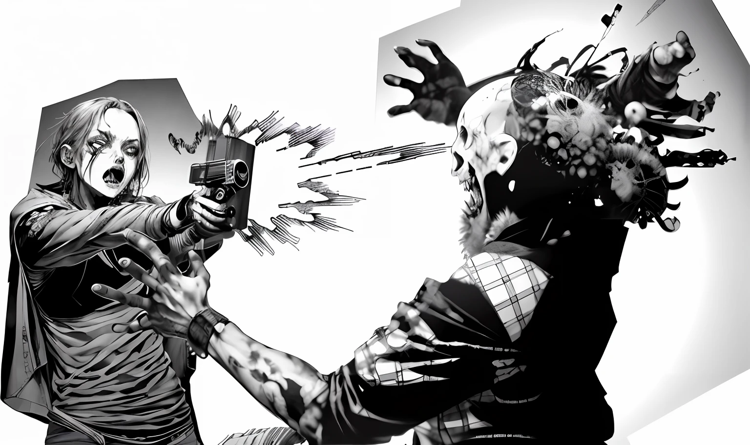 Imagem de uma mulher atirando no rosto de zumbi, Shohei Otomo, afro samurai manga style, Arte Kazuo Umezu, manga, Estilo Frank Miller, chainsaw man manga, Estilos de mistura de Tsutomu Nihei, epic graphic novel wallpaper, Estilo Tsutomu Nihei, Frank Miller Design Criativo, Chega de Heroes Concept Art