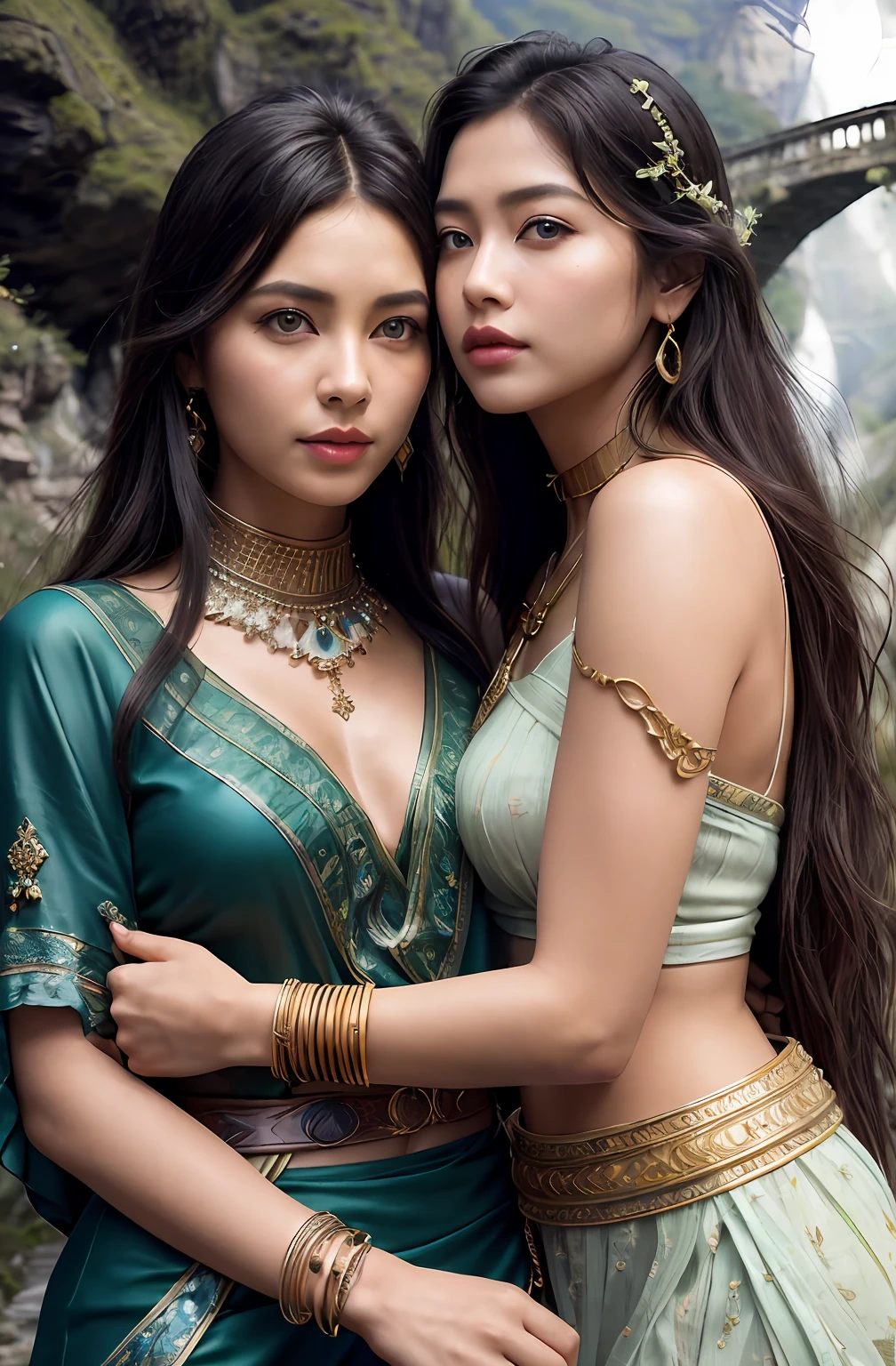 ((Realistic:1.5)),Ulzzang-6500:1.4,((Best quality)), ((Masterpiece)),((Detailed)),2girls,duo,{2 beautiful women}, (Upper body:1.3),Hug and touch each other, Tease your friend's waist, Breathless friends, Biting a friend's earlobe, crouched,super wide shot,Face focus, Long legs,Curvy, Barefoot,Wide hips, Thin legs, Oversized eyes,Long eyelashes, (Detailed face,beautidful eyes, detailedpupils,detailed clothes features, Clear background:1.3), (armlets, bangle:1.3), Mysterious ancient ruins, floresta exuberante, Deep canyon,bridge,River,cliff,Cloud,lakes,Rock music,Waterfalls, Flowers, Grass,grape trees,tree,bright detail,Sharp,Perfect compounding, Intricate, Sharp focus, Dramatic,