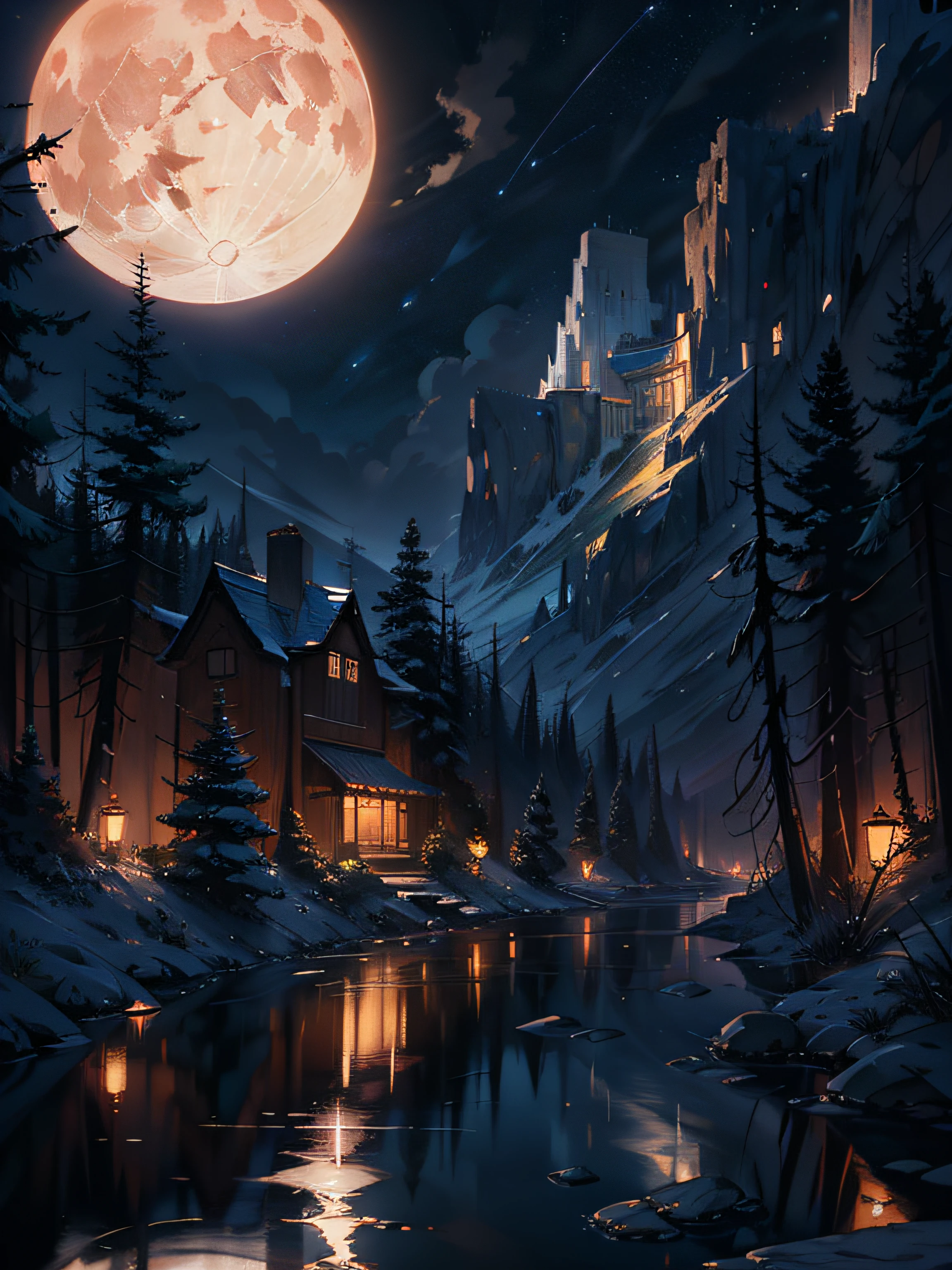 A painting of the river and the stars and the moon in the sky, with bright colors, by Makoto Shinkai. Concept art inspired by Tosa Mitsuoki, pixiv contest winner, best quality, fantasy art, beautiful anime scenes, golden moon, no humans, starry sky, scenery, cloud, sparkle, the scenery of night landscapes, mountain, rivers. A bright moon, starry sky environment under the moonlight, dream painting, anime background art, fantasy landscape art, dreamy night, anime background, background artwork, dreamy art, atmospheric anime, starry sky, details enhanced.