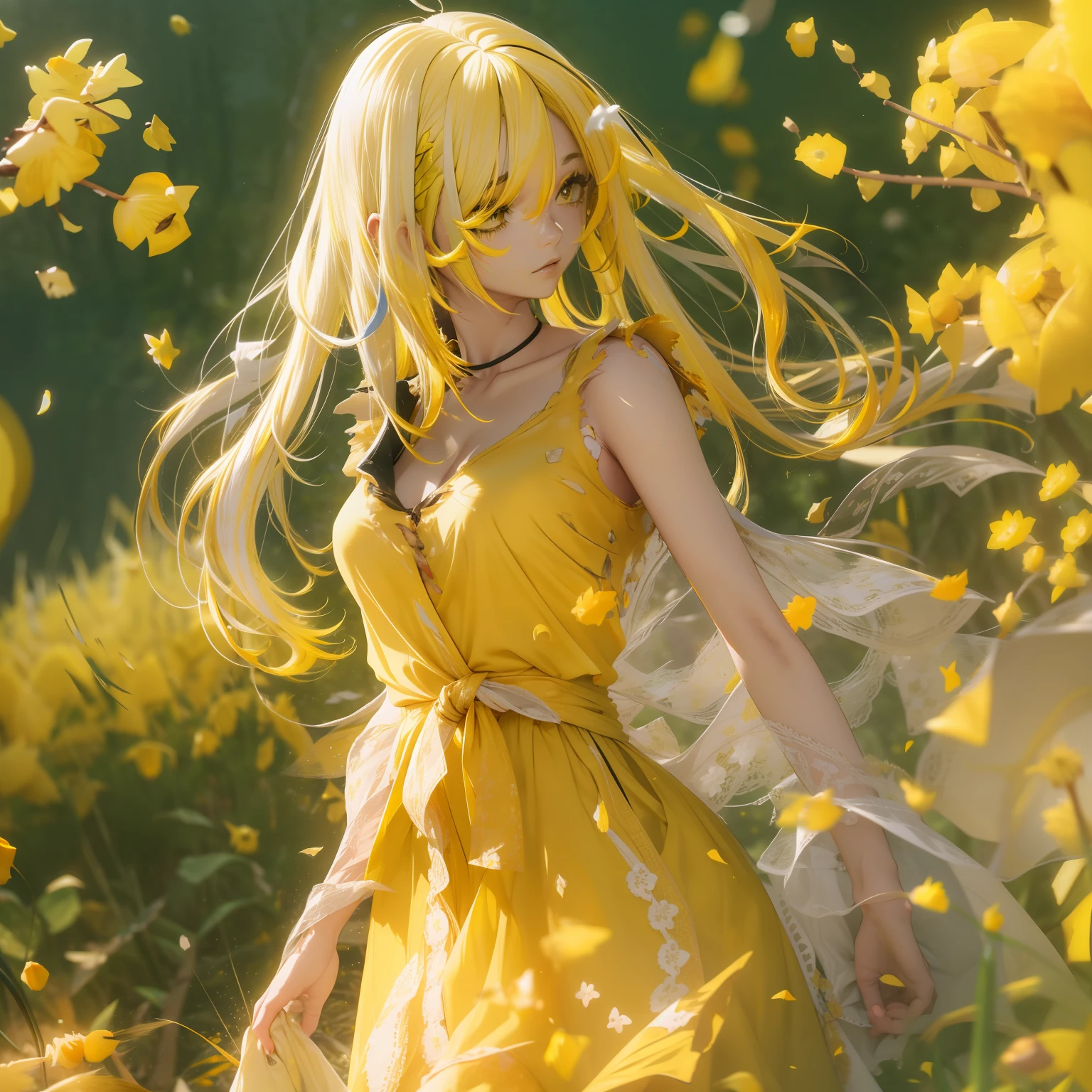 top-quality、Photorealsitic、8K、hight resolution、1girl in、femele、(Skindentation)、(large full breasts)、(profetional lighting、bokeh dof)、(on a hill)、(flower petals、many:0.6)、Sad face、fansty world(natta:1.2)、(Yellow hair:2.0)、(Torn blouse:1.5)、(Portate:0.6)、tatteredclothing、Damaged clothing、a gorgeous、Clothes torn、bloom、(Floating hair)、(light particules、lensflare、Luminous particles:0.6)、(dynamicposes:1.2)、softlighting、
