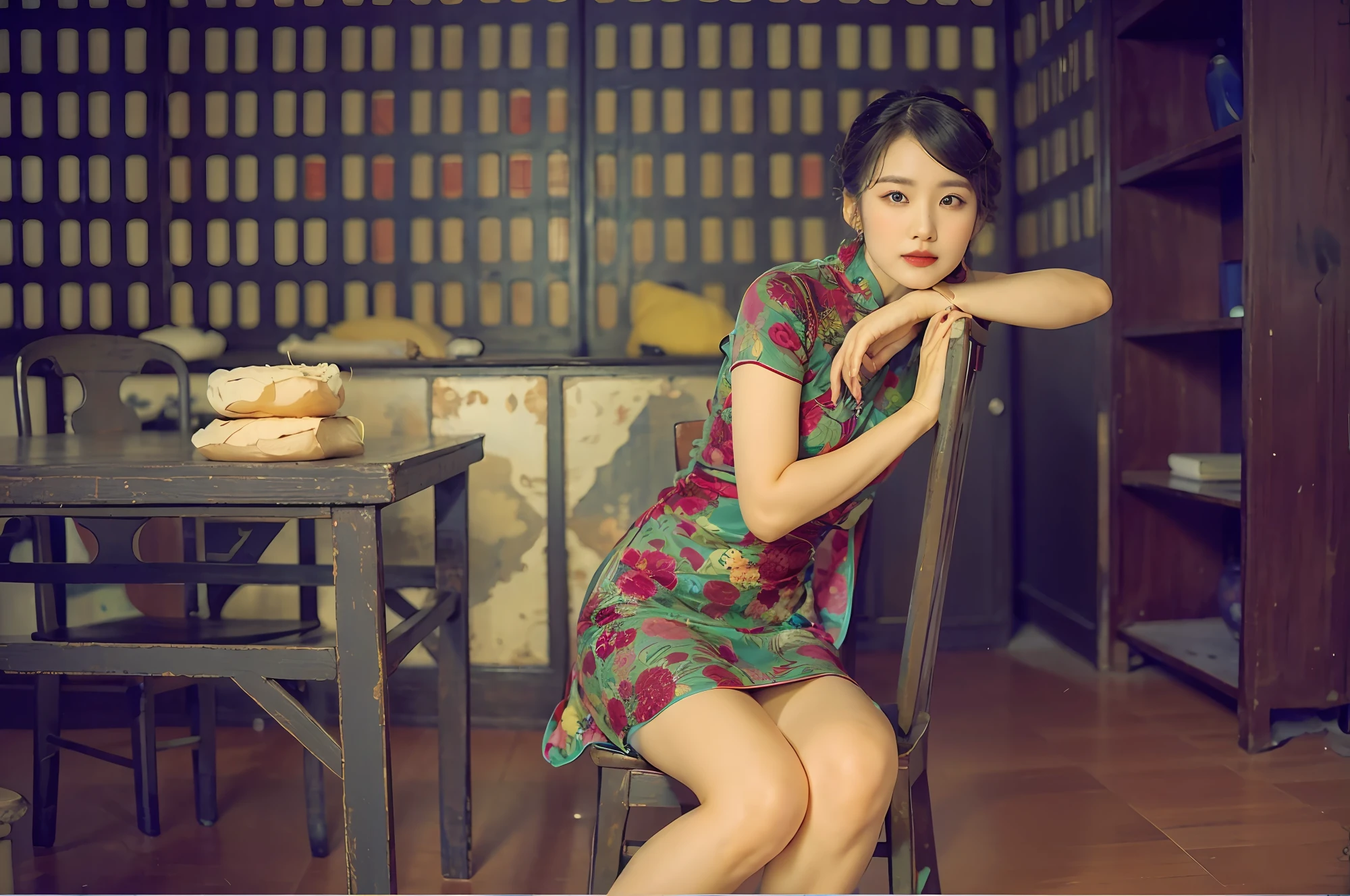 there is a woman sitting in a chair in a room, Cheongsam, in style of lam manh, in a blue qipao, wearing a blue qipao dress, in the mood for love, Wearing a red cheongsam, inspired by Gao Kegong, inspired by Pan Yuliang, photoshoot, 60mm portrait, bao phan, Photo portrait
