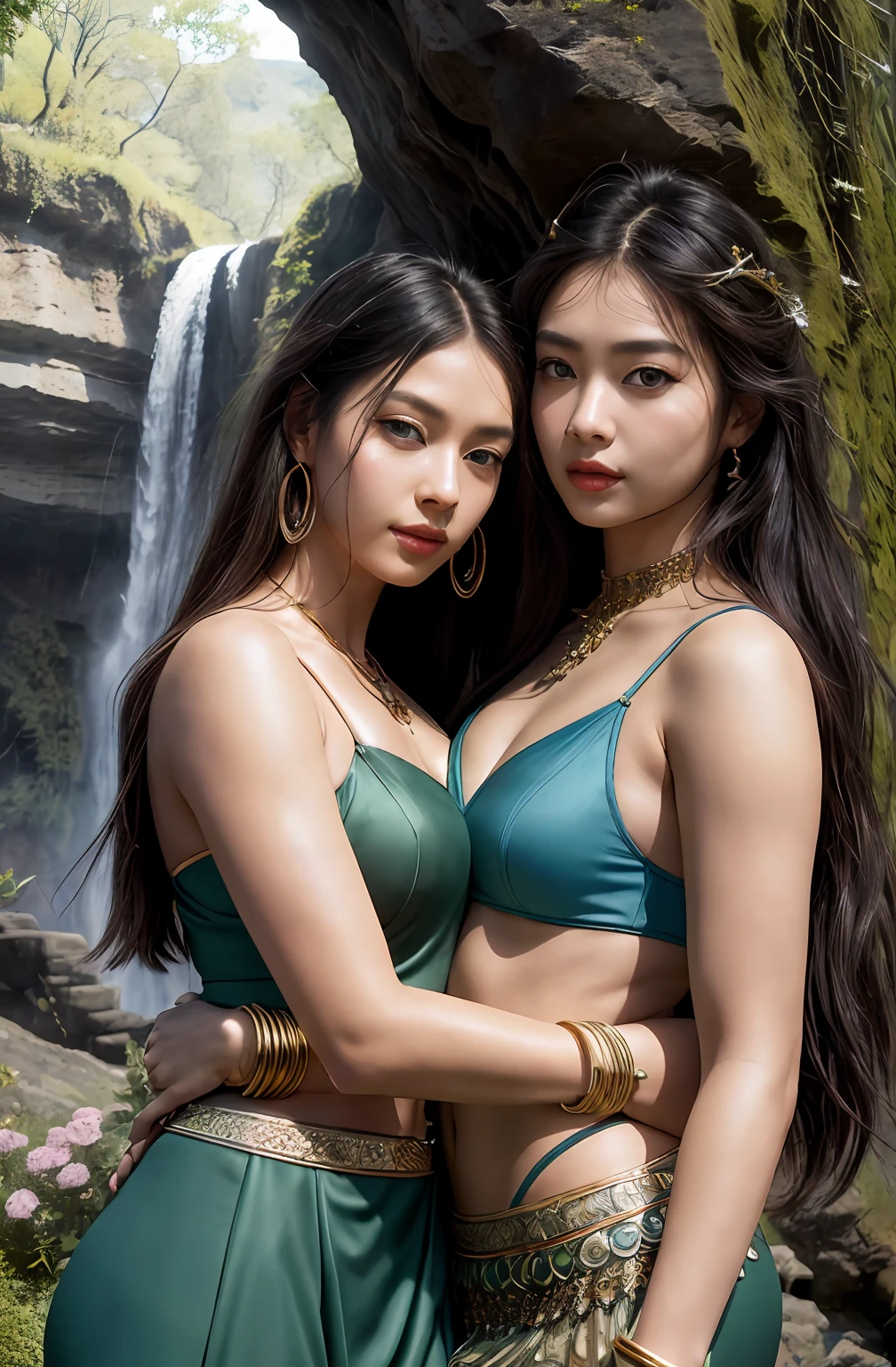 ((Realistic:1.5)),Ulzzang-6500:1.4,((Best quality)), ((Masterpiece)),((Detailed)),2girls,duo,{2 beautiful women}, (Upper body:1.3),Hug and touch each other, Tease your friend's waist, Breathless friends, Biting a friend's earlobe, crouched,super wide shot,Face focus, Long legs,Curvy, Barefoot,Wide hips, Thin legs, Oversized eyes,Long eyelashes, (Detailed face,beautidful eyes, detailedpupils,detailed clothes features, Clear background:1.3), (armlets, bangle:1.3), Mysterious ancient ruins, floresta exuberante, Deep canyon,bridge,River,cliff,Cloud,lakes,Rock music,Waterfalls, Flowers, Grass,grape trees,tree,bright detail,Sharp,Perfect compounding, Intricate, Sharp focus, Dramatic,