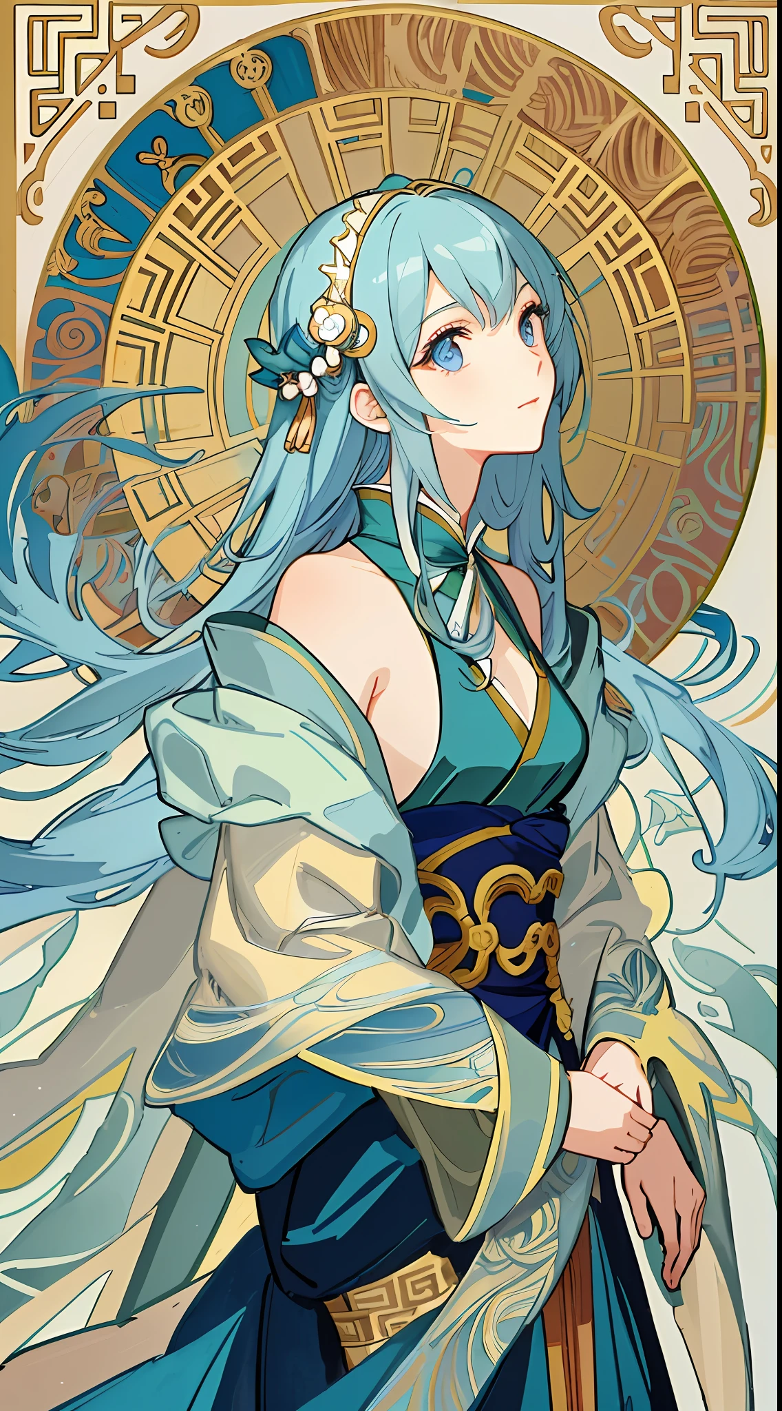 1girl,Women in oriental costumes stand side by side, Palace ， A girl in Hanfu, A beautiful artwork illustration, Beautiful character painting, Exquisite digital illustration, Guviz-style artwork, Alphonse mucha and rossdraws, korean art nouveau anime, Detailed fanart, Alice X. zhang, stunning digital illustration, in style of digital illustration