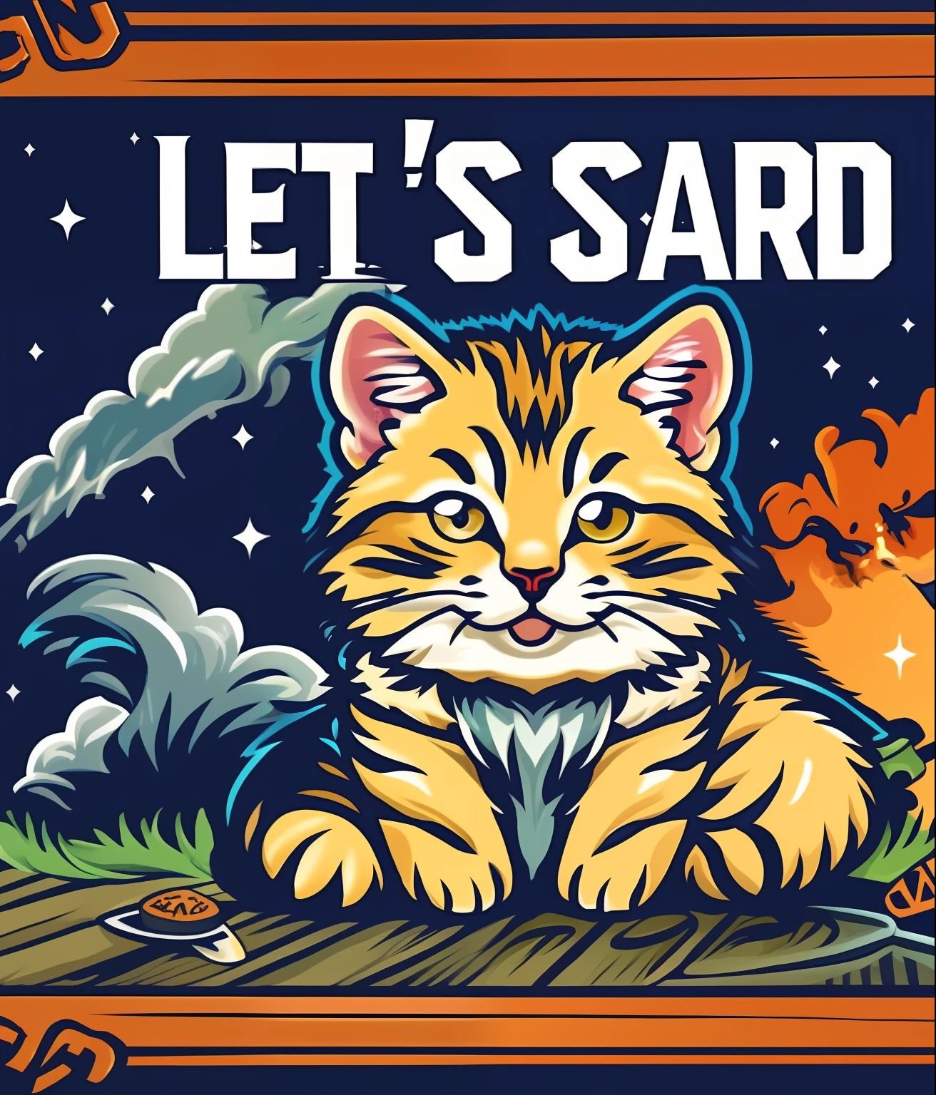 「Let's get started」text saying、Wild Back Zombie King、Mystical thriller、colourfull、Vintage style、(tshirt design)、Masterpiece realistic volumetric light、A kitten、Crisp eyes、kawaii faces