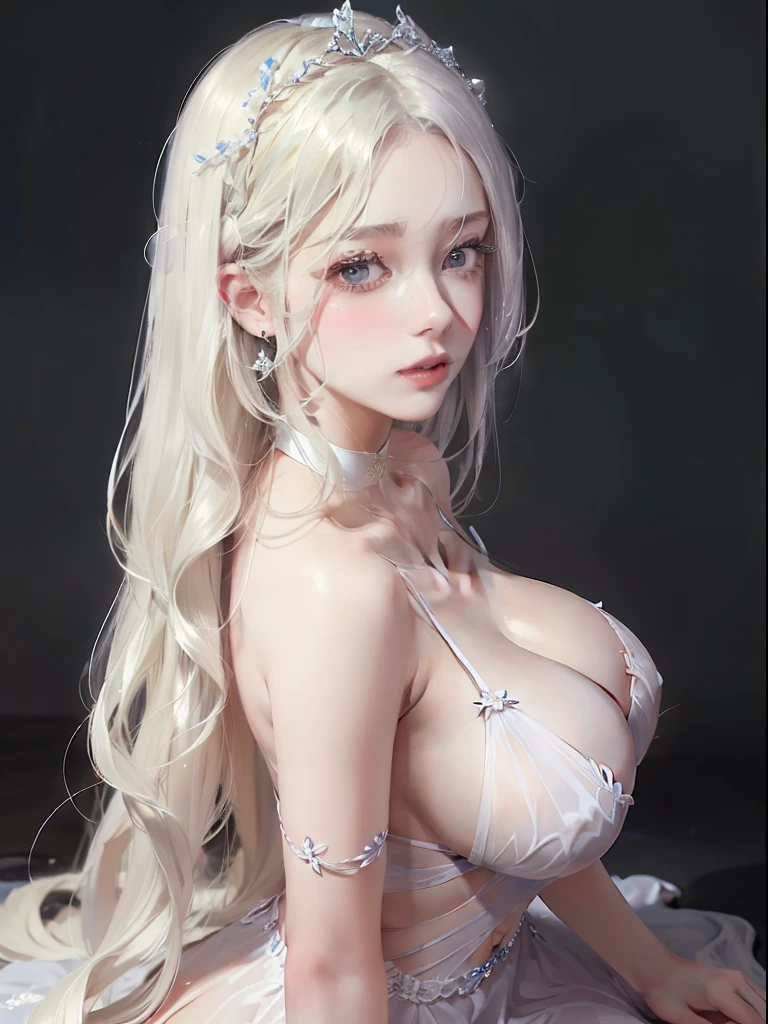 From above, ((top-quality)), ((masterpiece)), (detaileds) 1girl, She wore a revealing lilac dress。The dress, exposing the shoulders and navel, fits the body snugly.、It beautifully emphasized the curve.。Her skin was white like ivory and soft and smooth to the touch。Her hair is blonde。Long hair flows down the back、It made her look even more beautiful.。Her eyes are large and deep indigo。Lips are colored with cherry colored lipstick、It was plump and swollen。Her figure is、Somewhere mysterious and watching the viewer。She was in a minimalist, simple and bleak white room。Her features are、Beautifully arranged,、The eyes and nose were clear.。The big black eyes were deep and subtle and attractive.。hair is long、Glossy and、Her flowing beauty further enhanced her charm.。The mouth is small、The well-formed lips were shining glossily。Her skin is、Smooth and very beautiful、It was like silk。Breasts and buttocks are large、The slender waist was beautiful with its supple lines that invited longing.。, large breasts, huge breasts, huge-breasted, large full breasts