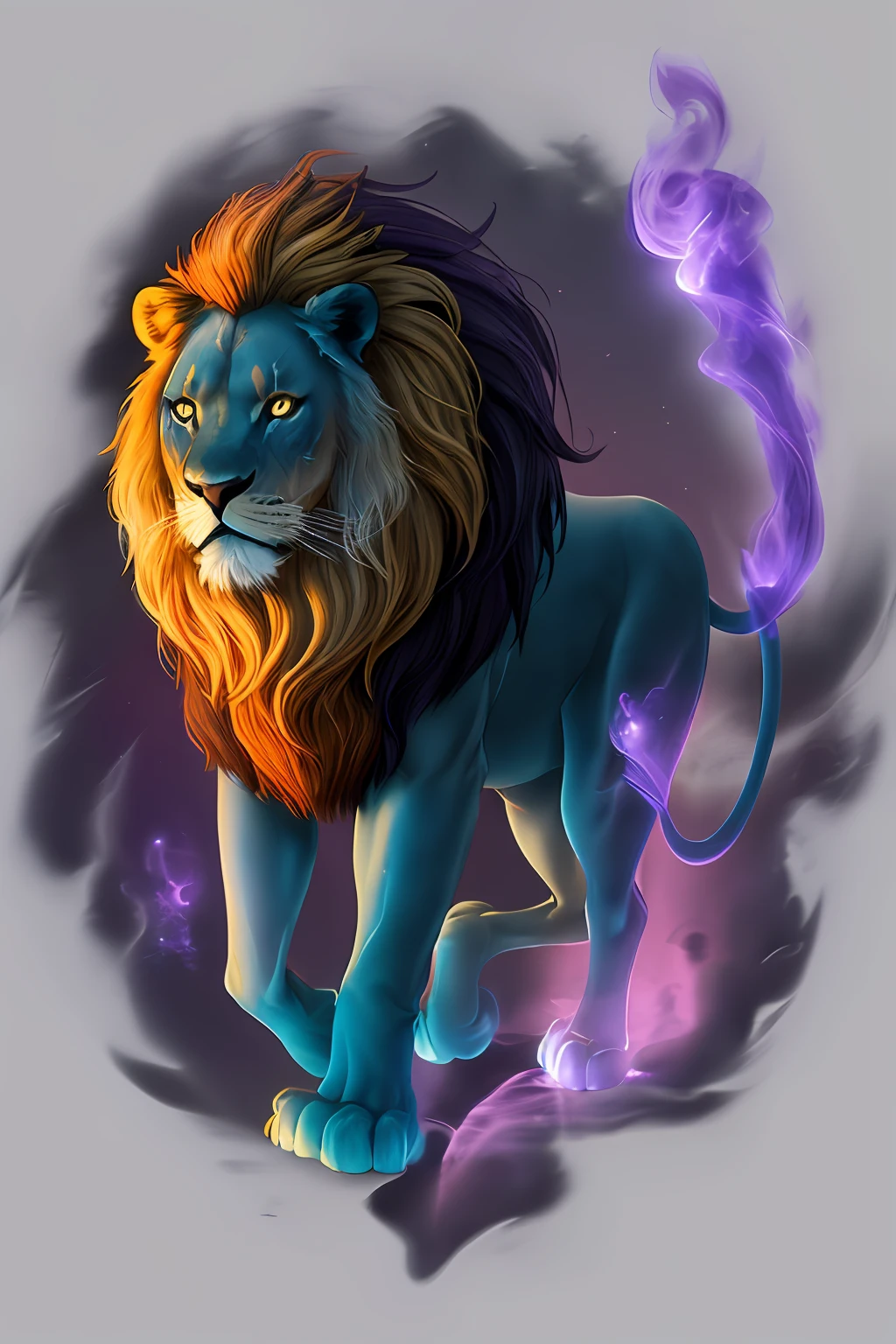 bioluminescent lion made of orange|crimson|purple smoke dark blue|Lilac background