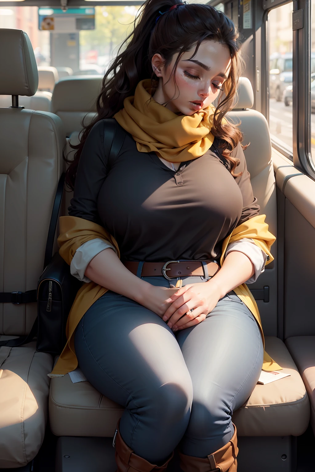 1 beautiful woman, large body, eyes closed, fair skin, wavy brown hair, ponytail, eyelids made up, eyelids outlined with makeup, black polo shirt with a large neckline, long light blue jeans, mustard trench coat, tall brown boots, scarf mustard, large black bag, asleep with her mouth open, asleep lying on the bus seat, nodding.