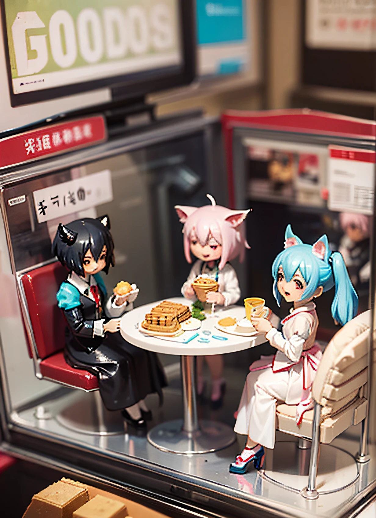 There is a doll holding a waffle in front of the table, pop-up parade figures, Rin, nendoroid, anime figurine, Nendoroid 3D, good smile company anime style, anime figure, style as nendoroid, Chiho Aoshima, animesque, nendroid, cute fumo plush fox girl