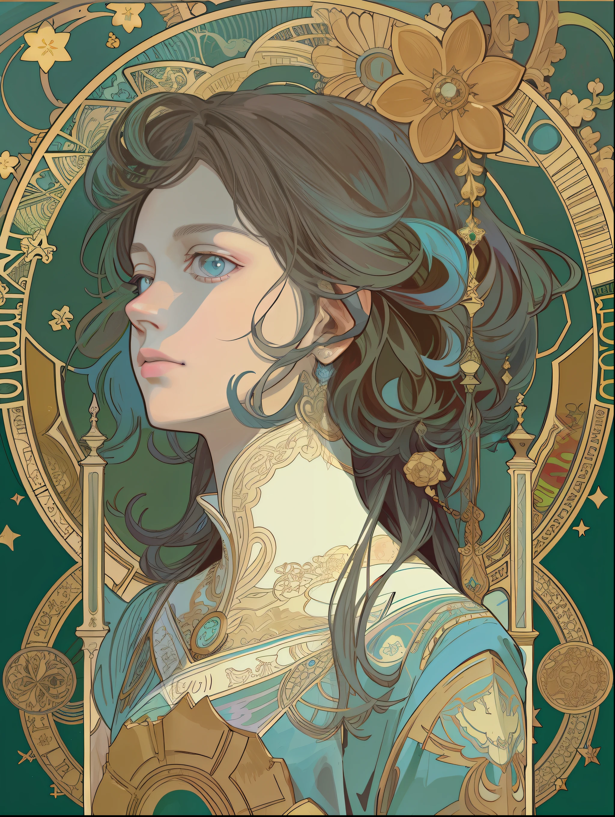 (Flat color:1.1),(Colorful:1.3),(Masterpiece:1.2), Best quality, Masterpiece, Original, Extremely detailed wallpaper for 1 girl,Solo,Blue starry sky,tarot card layout,Best quality, Masterpiece, (Realistic:0.6), Realistic lighting,Flower frame, Decorative panels, abstract artistic, Alphonse Mucha (tmasterpiece, best qualtiy, A high resolution: 1.4), A detailed, Complicated details, 4K,cerulean, Line art, Fibonacci