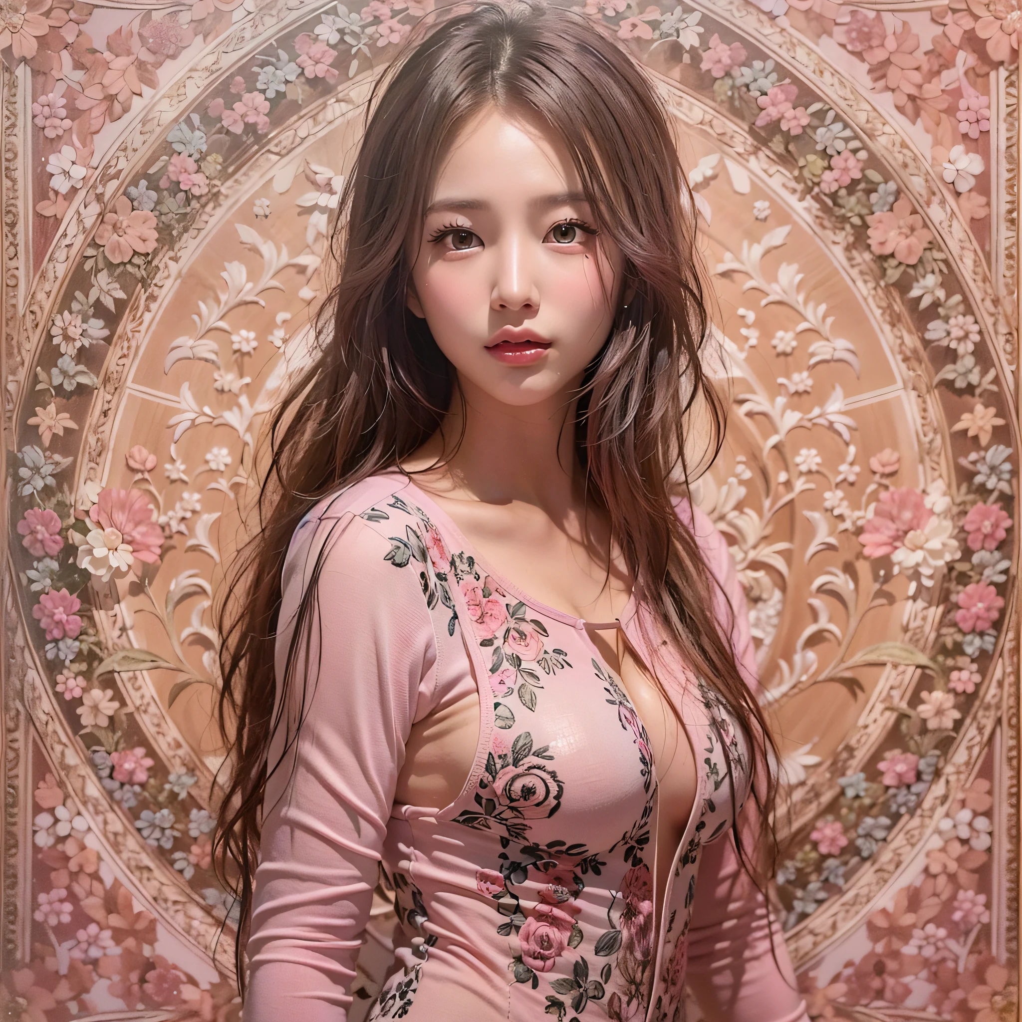 (Background, symmetrical, Compositions with coloful geometric arabesque patterns):1.3, (fullbody:1.3),  (poneyTail, dark brown hair), (top-quality, Photorealsitic:1.4, masterpiece:1.3, RAW Photography:1.2, cinematric light, very detailed illustration), (1woman:1.3, solo), (asian girl, ultra delicate face, ultra Beautiful fece, ultra delicate eyes, ultra detailed nouse, ultra detailed mouth, ultra detailed facial features), (bodysuit close to pink skin:1.37),  (medium breast:1.3), from the front side, skiny, lipgloss, Show cleavage