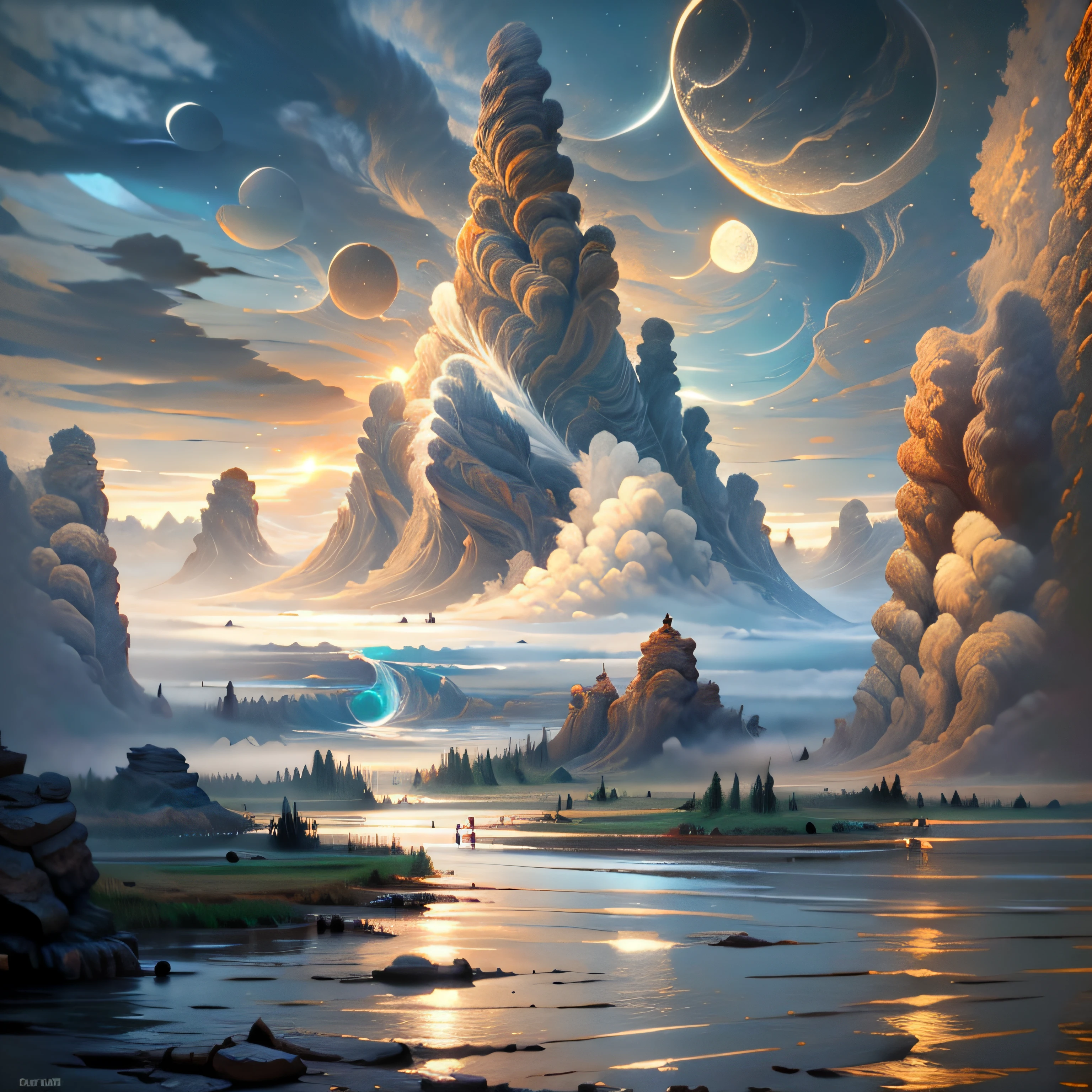 mountains and a lake with a moon in the sky, 4k highly detailed digital art, 4 k hd wallpaper very detailed, impressive fantasy landscape, sci-fi fantasy desktop wallpaper, unreal engine 4k wallpaper, 4k detailed digital art, sci-fi fantasy wallpaper, epic dreamlike fantasy landscape, 4k hd matte digital painting, 8k stunning artwork