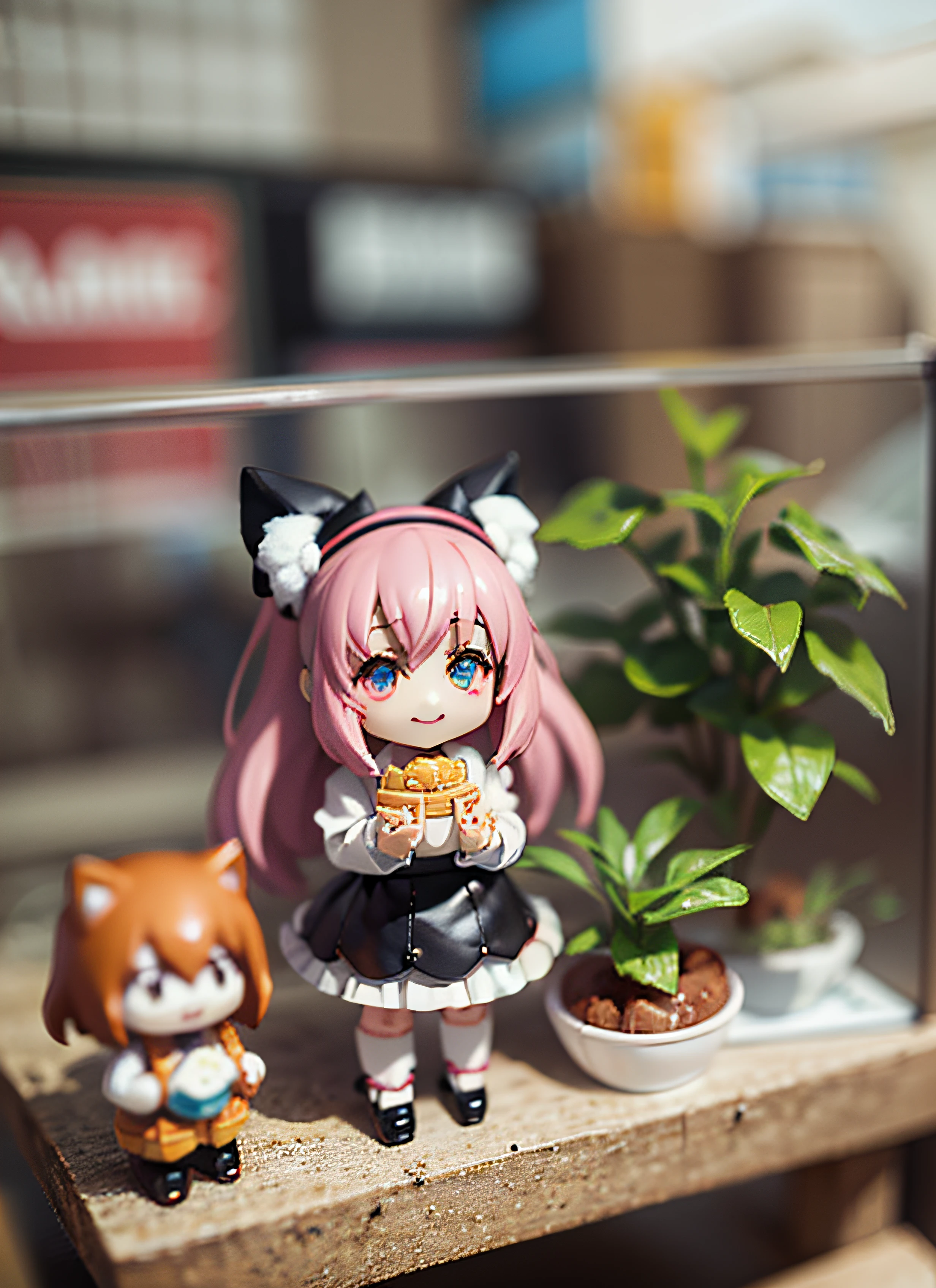 There is a doll holding a waffle in front of the table, pop-up parade figures, Rin, nendoroid, anime figurine, Nendoroid 3D, good smile company anime style, anime figure, style as nendoroid, Chiho Aoshima, animesque, nendroid, cute fumo plush fox girl