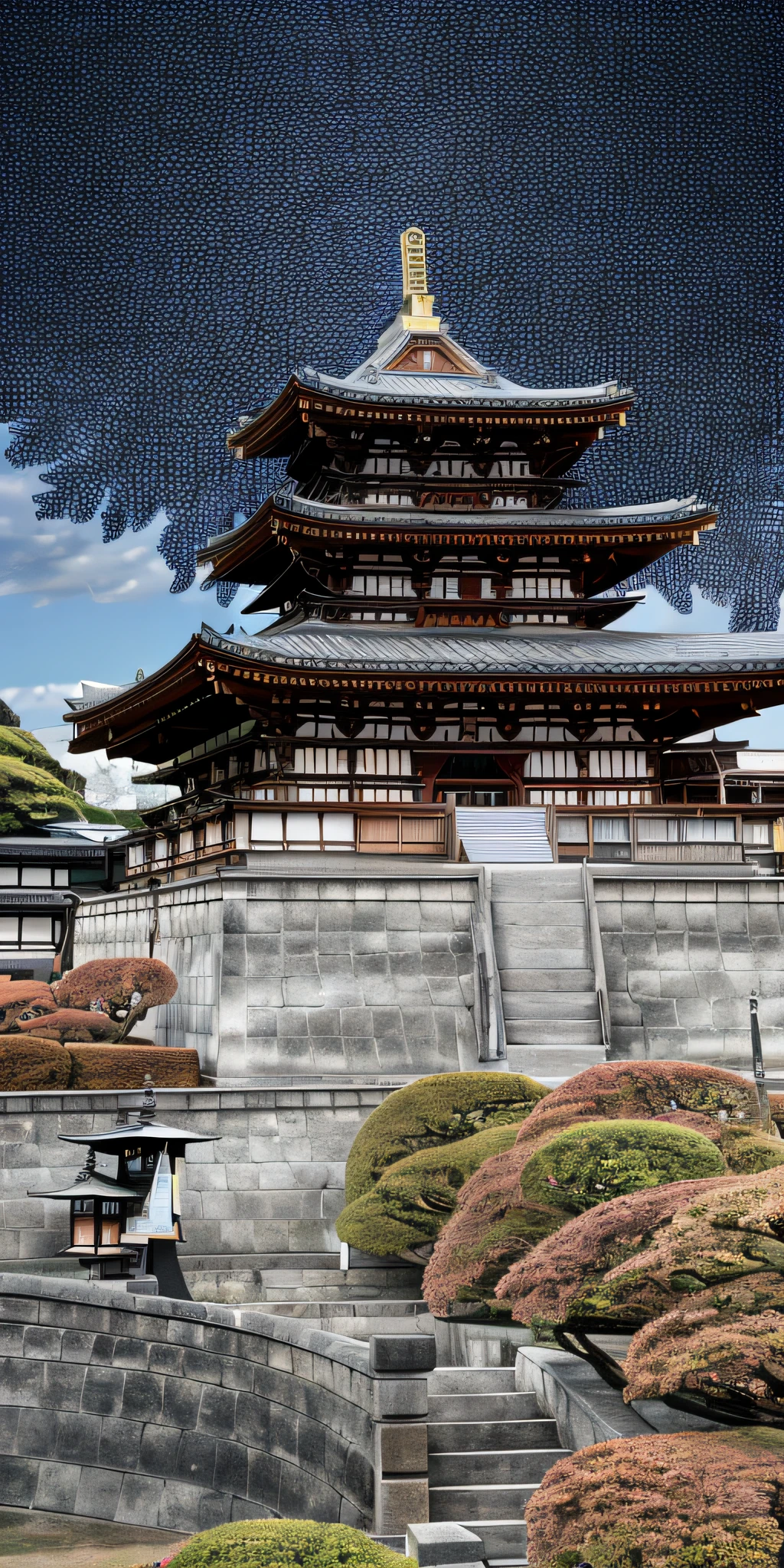 (​masterpiece、top-quality、top-quality、Official art、Beautifully Aesthetic:1.2)、ighly detailed、Wooden doors and stairs leading to stone buildings, ancient japanese architecture, feudal japanese setting, , japanese heritage, Preserved history, front side, Edo period house in the background, japanese architecture, Historical setting, Japanese castle　ito ogure, Man of the Ancient Japan々, ryokans and edo era houses、Warring states period　Japan castle、outside of house、Skysky、​​clouds、natta、No humans、mont、jpn, moonlights, cinemagraph, landscapes, Eau, The tree, dark sky, falls, cliff, naturey, lake, a river, cloudy ash sky, awardwinning photo, bokeh dof, depth of fields, nffsw, bloom, chromatic abberation, Photorealsitic, ighly detailed, Trending on ArtStation, CGsociety Trends、Complex and、in detail、Dramatic and、halfway art