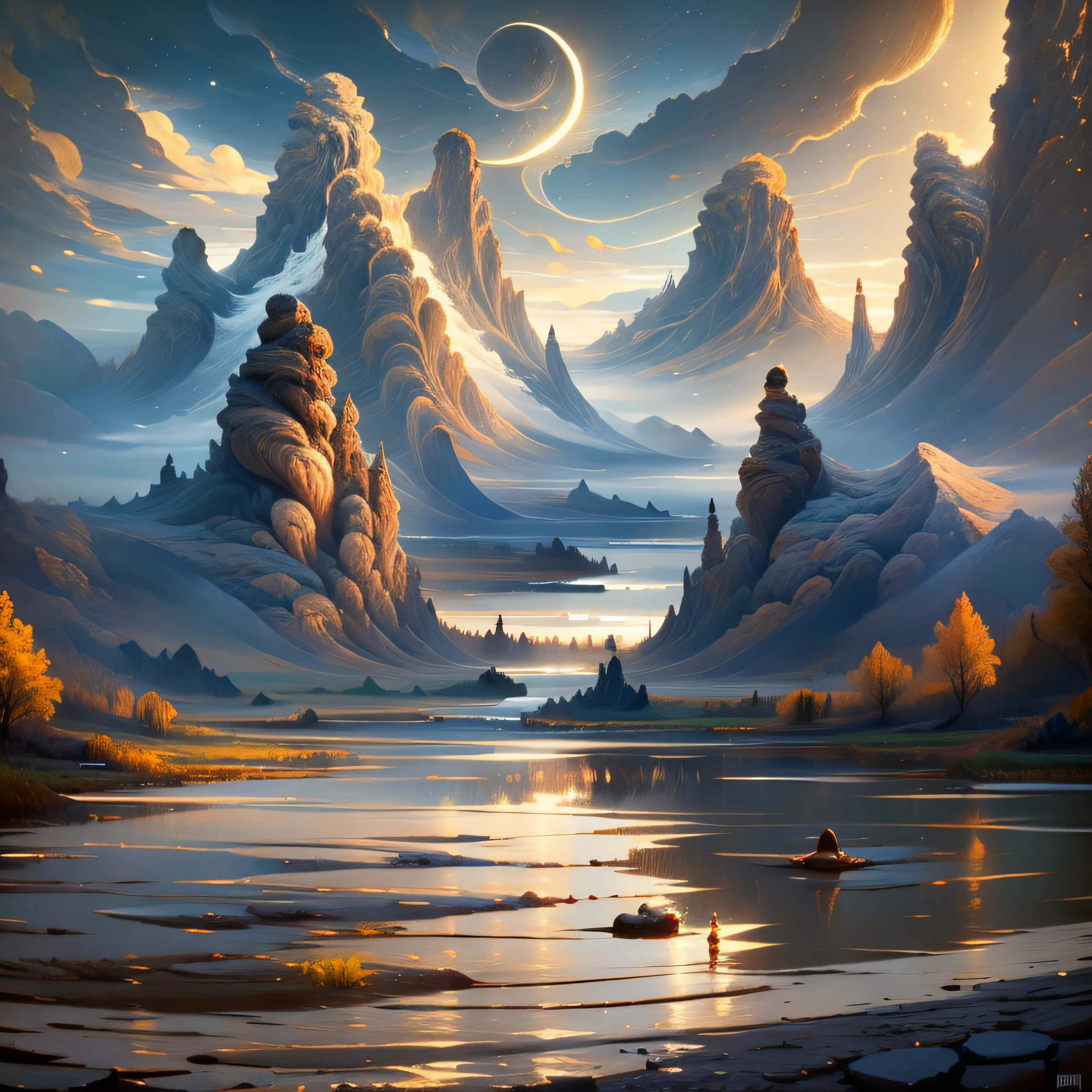 mountains and a lake with a moon in the sky, 4k highly detailed digital art, 4 k hd wallpaper very detailed, impressive fantasy landscape, sci-fi fantasy desktop wallpaper, unreal engine 4k wallpaper, 4k detailed digital art, sci-fi fantasy wallpaper, epic dreamlike fantasy landscape, 4k hd matte digital painting, 8k stunning artwork