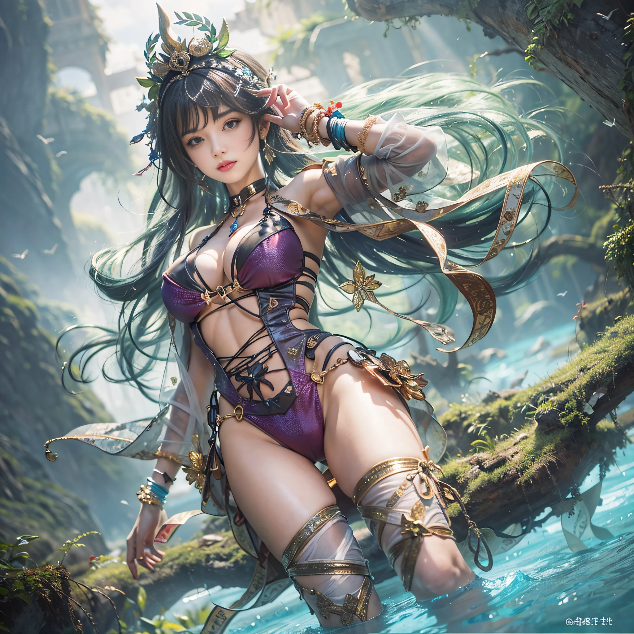 ((​masterpiece)、(top-quality)、(reallistic))、beautiful a girl、Bondage style、ratex、Super Ultra Ultra Bikini、Fantastic mythological landscape