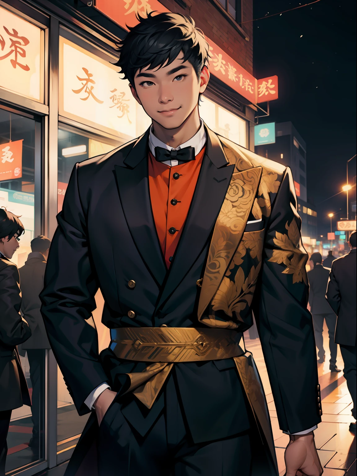 of a guy,Rich Tang costume,Fan in hand,Night scene,ssmile,