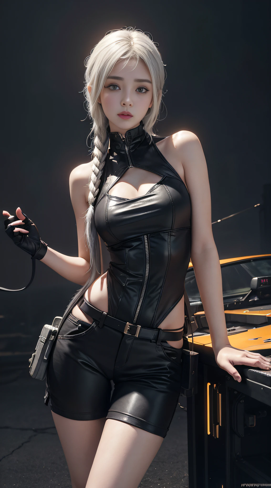 ((best qualtiy)), ((tmasterpiece)), (the detail:1.4), 3D, A beautiful cyberpunk female image,HDR(HighDynamicRange),Ray traching,NVIDIA RTX,Super-Resolution,Unreal 5,Subsurface scattering、PBR Texture、post-proces、Anisotropy Filtering、depth of fields、maximum definition and sharpness、Many-Layer Textures、Albedo e mapas Speculares、Surface Coloring、Accurate simulation of light-material interactions、perfectly proportions、Octane Render、Two-colored light、largeaperture、Low ISO、White balance、the rule of thirds、8K RAW、1girll,City park shooting,Top-down view,full bodyesbian;1.5,Twist braids,Lingerie with a slinger,Ultra shorts,