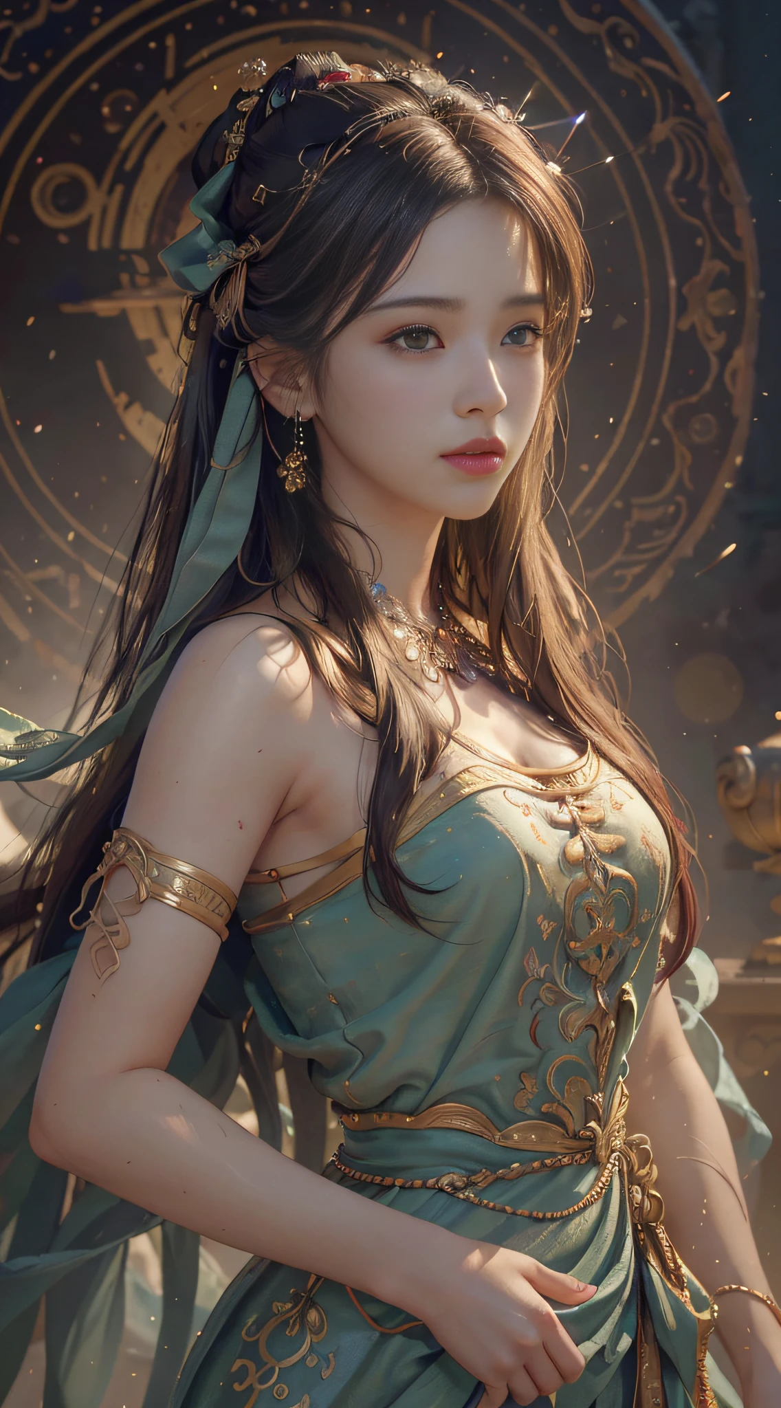 (RAW photo, best quality), (realistic, photo-realistic:1.3),best quality,highly detailed,masterpiece,ultra-detailed,illustration,1girl,upper_body,dynamic angle,world masterpiece theater,messy_long_hair,best quality,extremely detailed CG unity 8k wallpaper,ink,Amazing,cinematic lighting,lens_flare,,dunhuang_style
