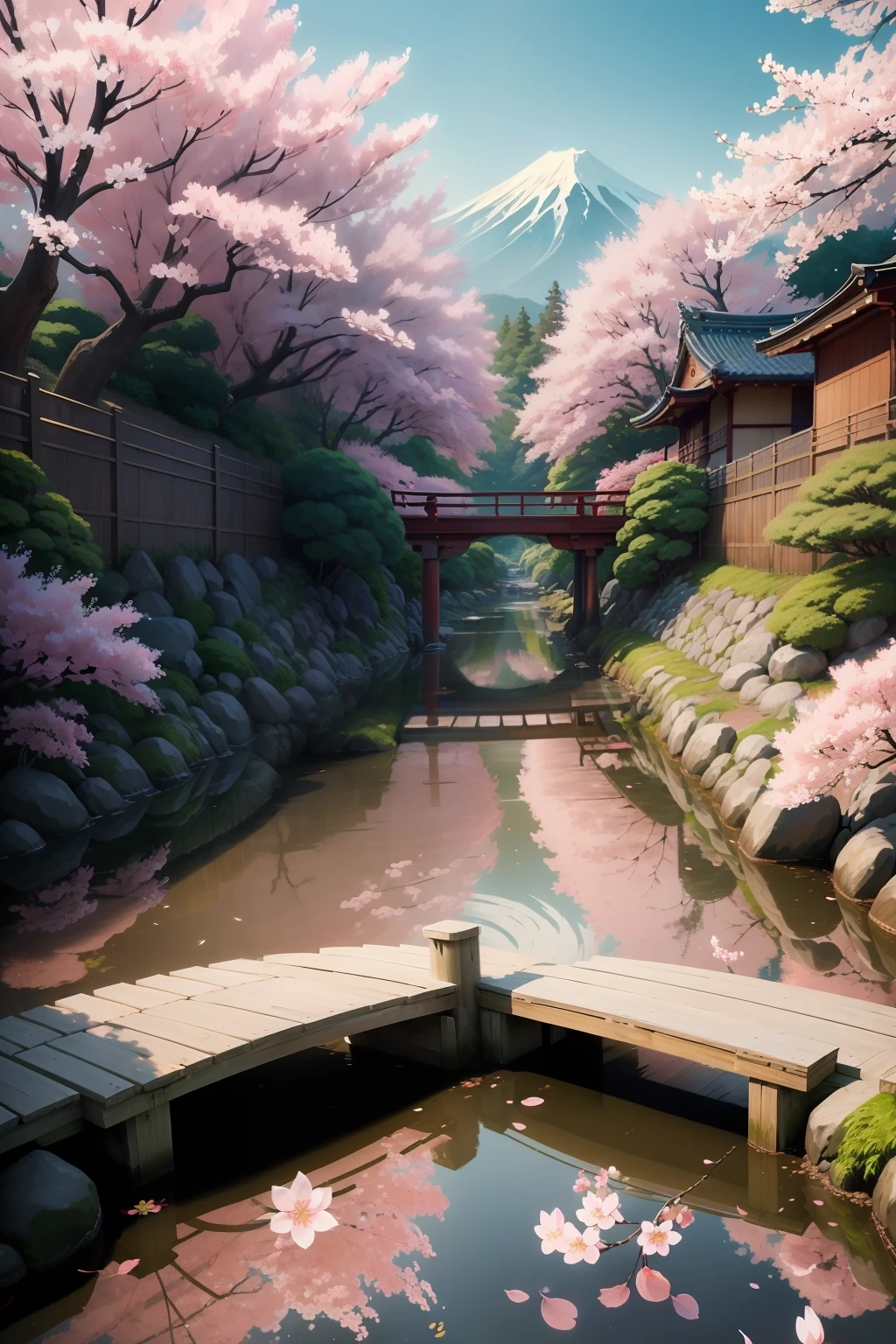 Digital Painting)、(top-quality)、Peaceful Japan Garden、cherry blossom in full bloom、Koi Pond、pedestrian bridge、pylons、Ukiyo-e Art Style、Hokusai's inspiration、Popular deviant art、8K Ultra Real、Pastel Color Schemes、Soft lighting、the golden hour、tranquil atmosphere、sideways Facing、Cherry blossoms on the left and right