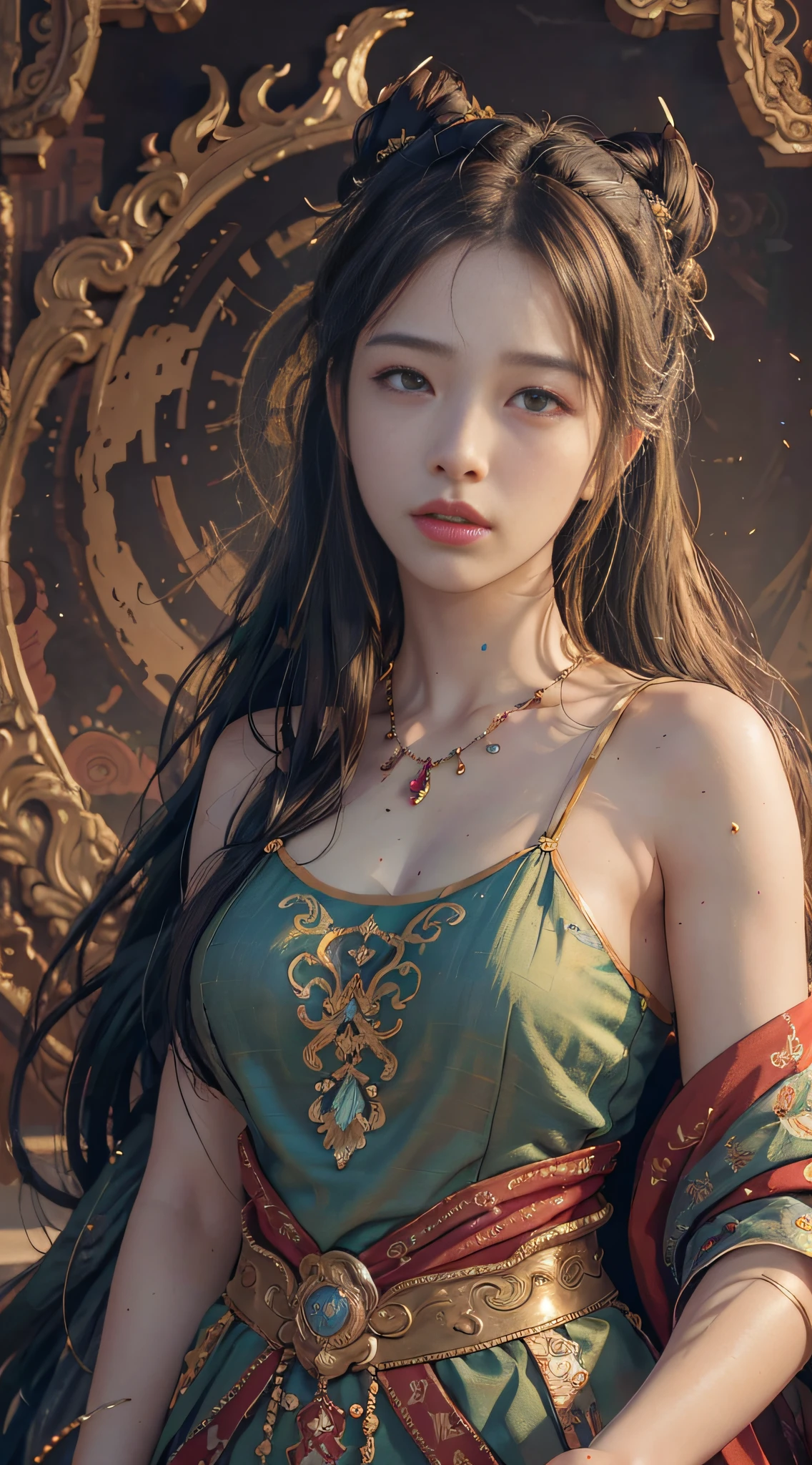 (RAW photo, best quality), (realistic, photo-realistic:1.3),best quality,highly detailed,masterpiece,ultra-detailed,illustration,1girl,upper_body,dynamic angle,world masterpiece theater,messy_long_hair,best quality,extremely detailed CG unity 8k wallpaper,ink,Amazing,cinematic lighting,lens_flare,,dunhuang_style