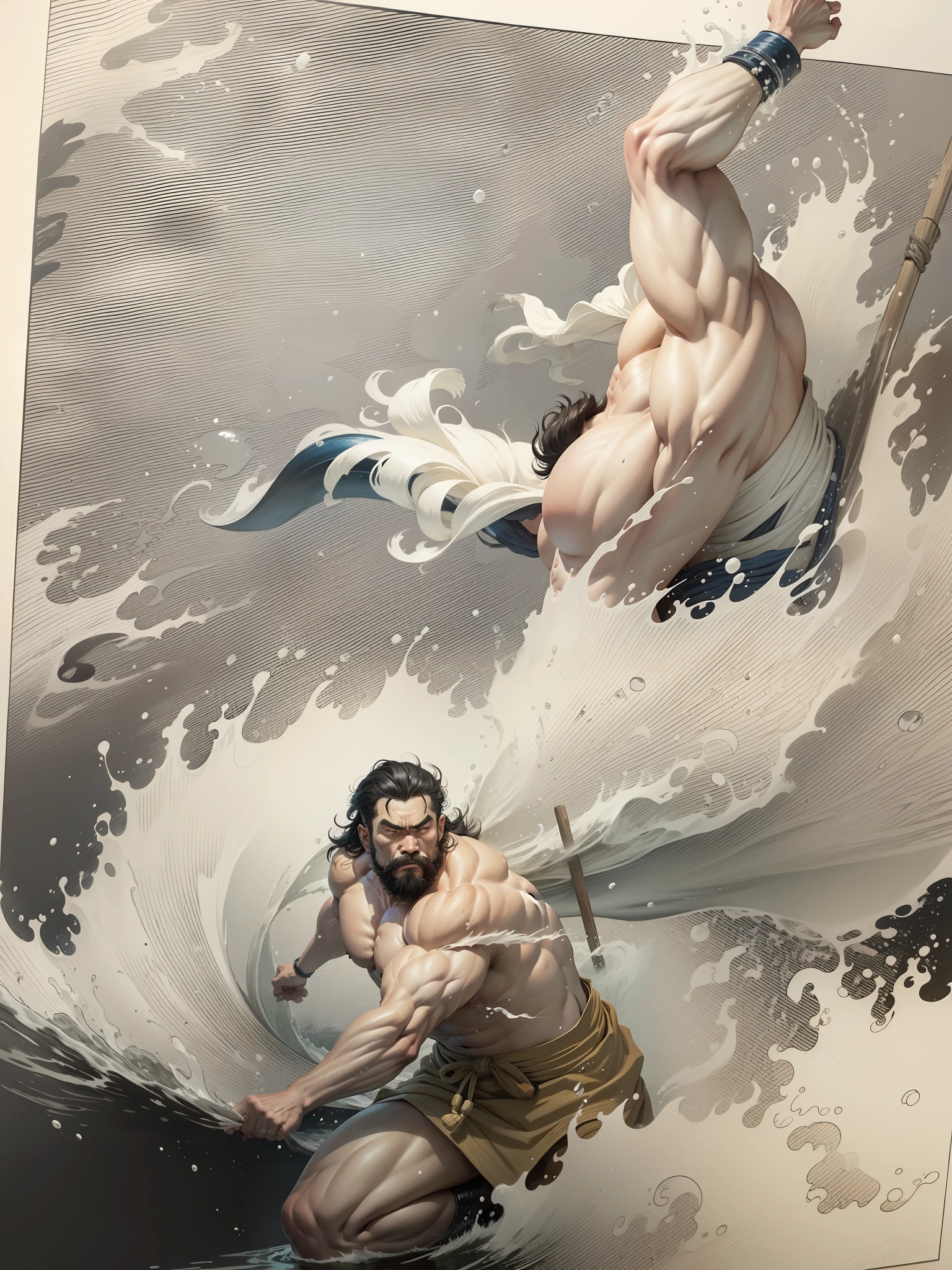 strong man,sea sprash,ukiyoe style,dramatic,tukioka yositosi style,body light