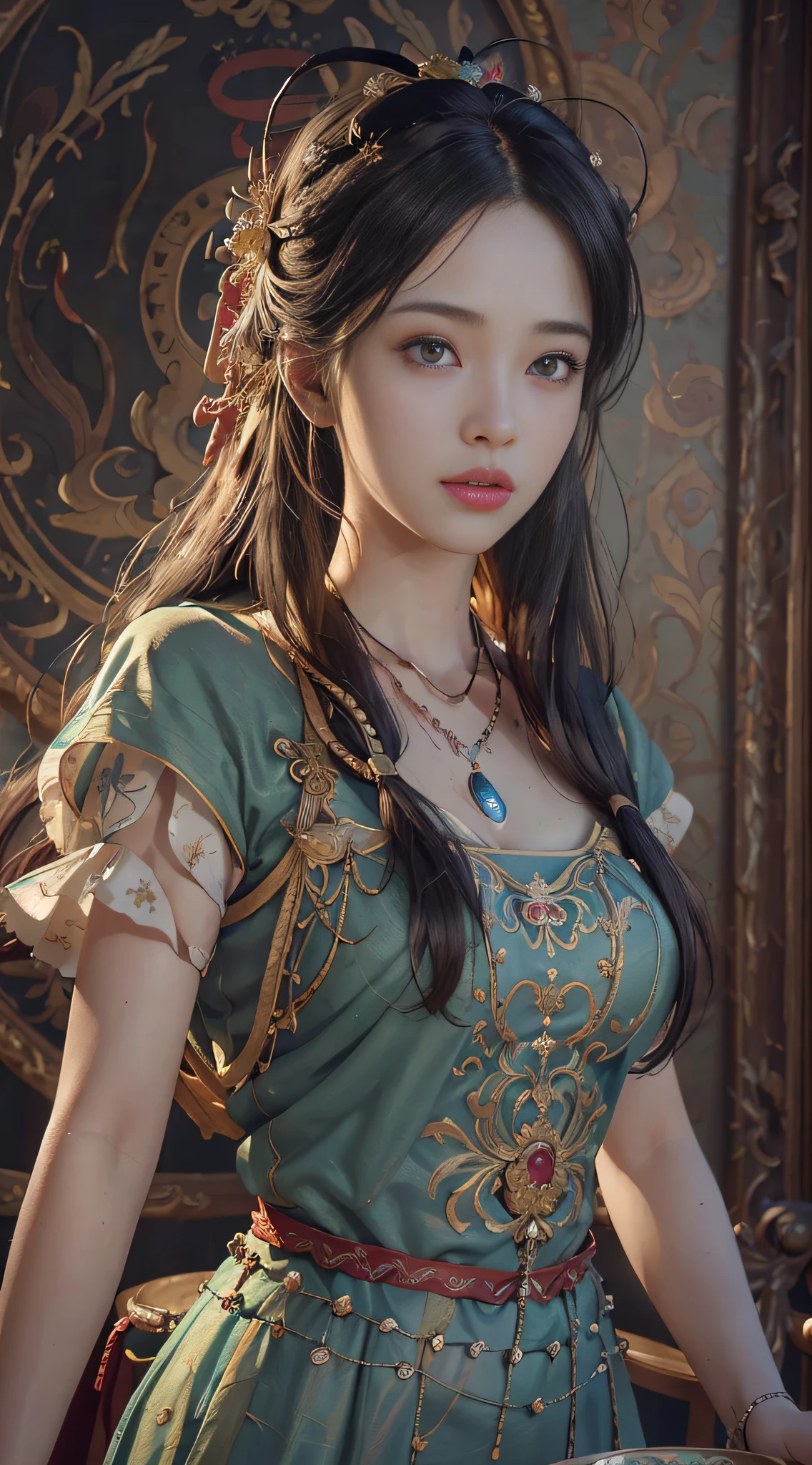 (RAW photo, best quality), (realistic, photo-realistic:1.3),best quality,highly detailed,masterpiece,ultra-detailed,illustration,1girl,upper_body,dynamic angle,world masterpiece theater,messy_long_hair,best quality,extremely detailed CG unity 8k wallpaper,ink,Amazing,cinematic lighting,lens_flare,,dunhuang_style
