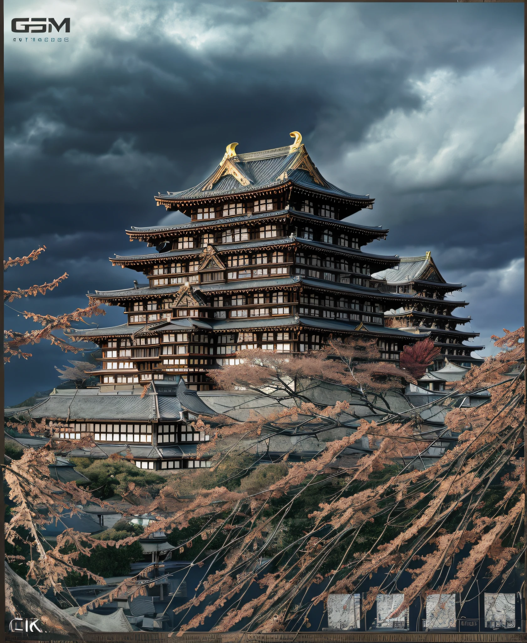 ​masterpiece、top-quality、hightquality、the Extremely Detailed CG Unity 8K Wallpapers、Warring states period　ighly detailed、Nagoya Castle、Himeji Castle、Kumamoto Castle、Egret City、Edo Castle、Japan castle、outside of house、Skysky、​​clouds、natta、No humans、mont、jpn, moonlights, cinemagraph, landscapes, Eau, The tree, dark sky, falls, cliff, naturey, lake, a river, cloudy ash sky, awardwinning photo, bokeh dof, depth of fields, nffsw, bloom, chromatic abberation, Photorealsitic, ighly detailed, Trending on ArtStation, CGsociety Trends、Complex and、in detail、Dramatic and、