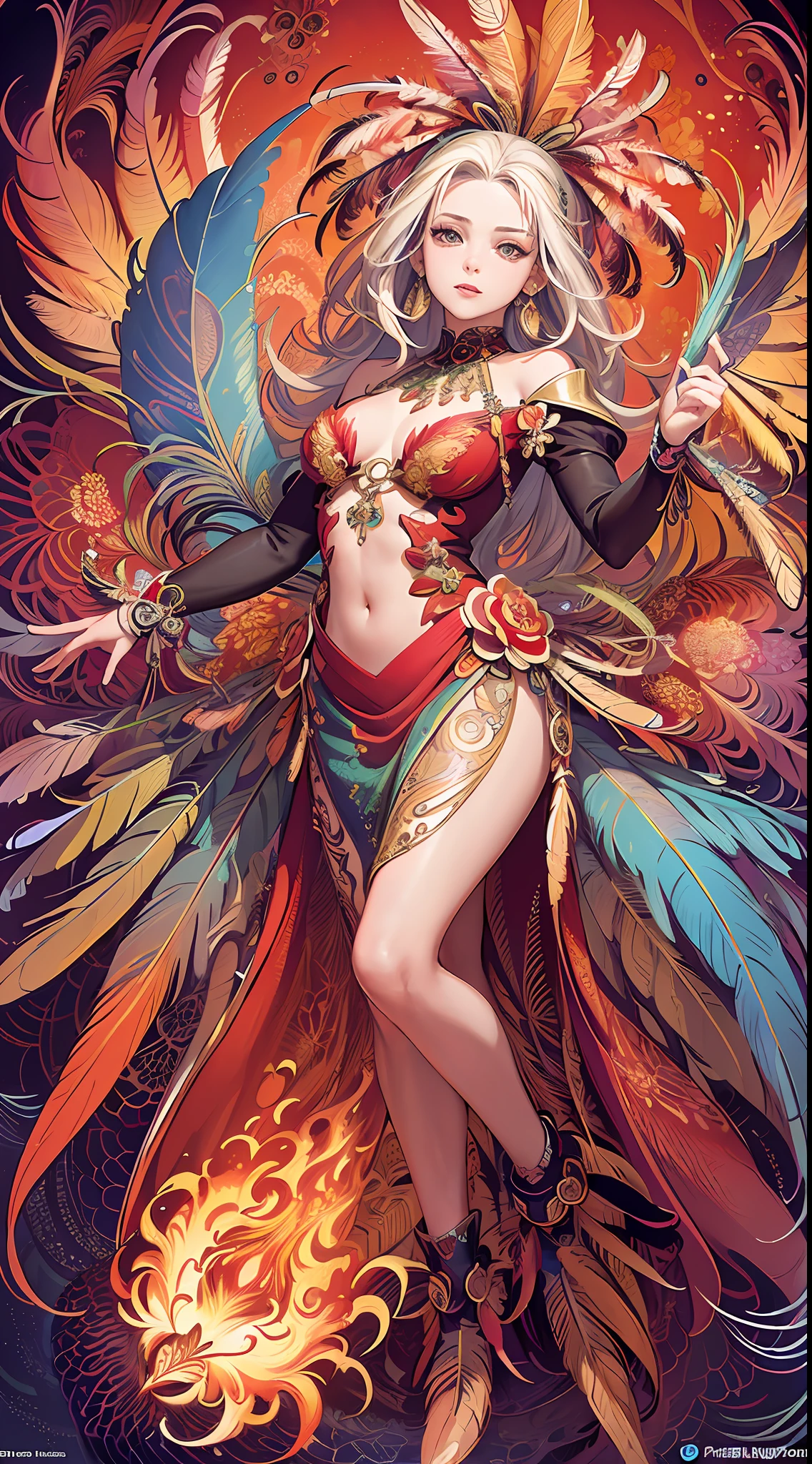 (masterpiece, top quality, best quality, official art, beautiful and aesthetic:1.2), (1girl:1.3), extremely detailed,(fractal art:1.1),(colorful:1.1)(flowers:1.3),highest detailed,(zentangle:1.2), (dynamic pose), (abstract background:1.3), (shiny skin), (many colors:1.4), ,(earrings), (feathers:1.5) , (Flamethrower:1.3),red background,Phoenix dress,