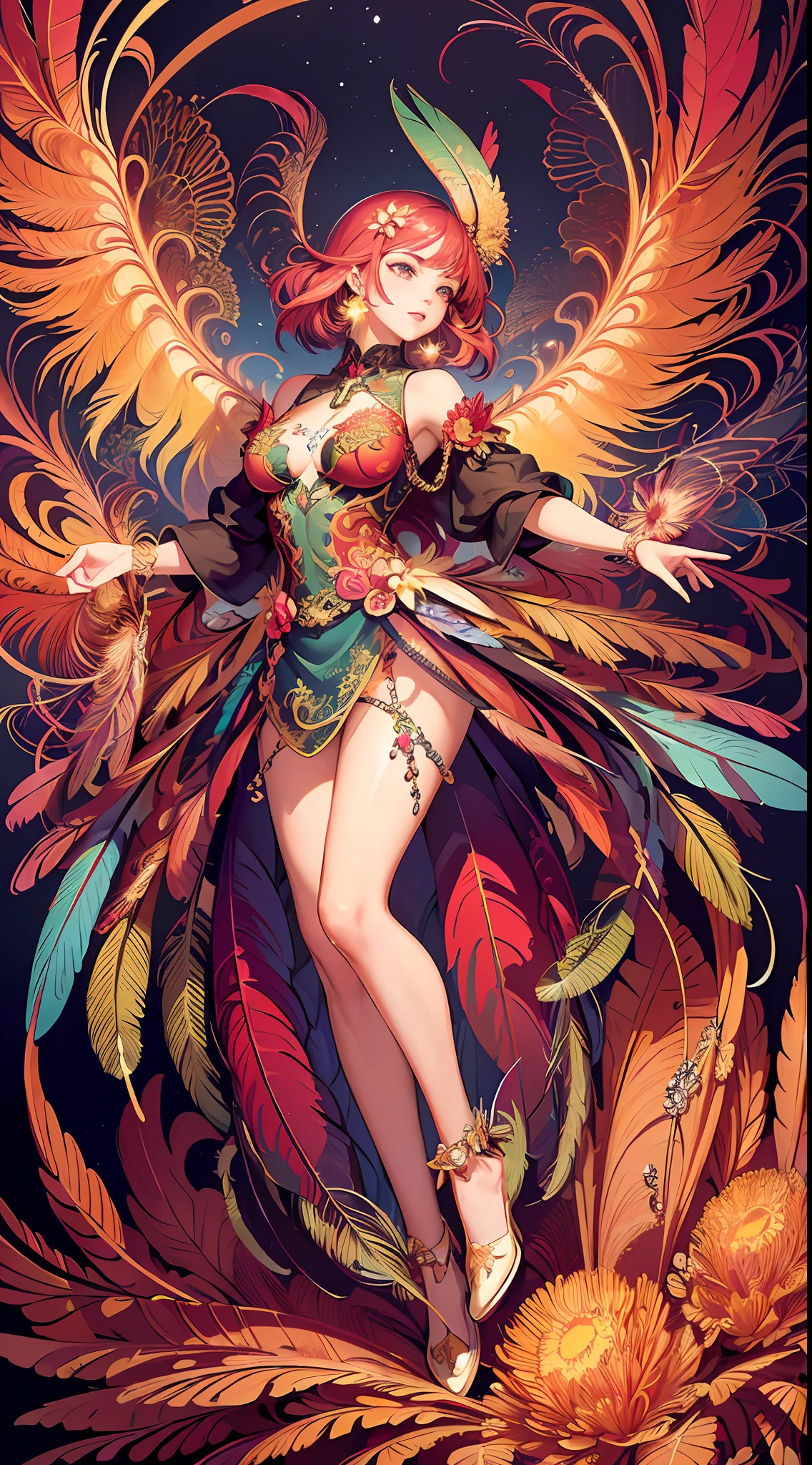 (masterpiece, top quality, best quality, official art, beautiful and aesthetic:1.2), (1girl:1.3), extremely detailed,(fractal art:1.1),(colorful:1.1)(flowers:1.3),highest detailed,(zentangle:1.2), (dynamic pose), (abstract background:1.3), (shiny skin), (many colors:1.4), ,(earrings), (feathers:1.5) , (Flamethrower:1.3),red background,Phoenix dress,