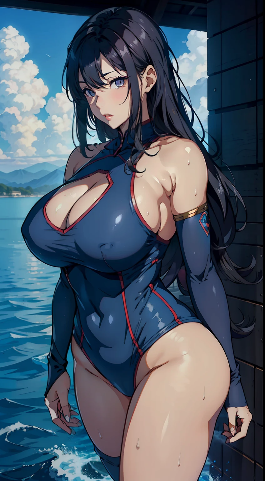1female,46 years old,Huge breasts,Supergirl,独奏,Blue Superman uniform,the ocean, Pornographic exposure,Skysky,the night,White court dress She has long flowing black hair,Sweat profusely,hair wet,clothes wet,There is water on the body,Sateen,比基尼,Bigchest, From the front side,Bare shoulders, hair straight, ,mostly cloudy sky,(((tmasterpiece),(Very detailed CG unity 8K wallpaper),best qualtiy,cinmatic lighting,detailed back ground,beatiful detailed eyes,Bright pupils,(Very fine and beautiful),(Beautiful and detailed eye description),ultra - detailed,tmasterpiece,)),facing at camera,A high resolution,ultra - detailed),standing on your feet,Very long hair,Emotive expressions,Open-mouthed,legs are open,,Chest sagging,nakeness, Protruding underparts,revealing breasts,Camel toes,with no underpants,extremely large bosom,Extremely colorful,Most detailed,fully body photo,The face is well lit,NOWAI